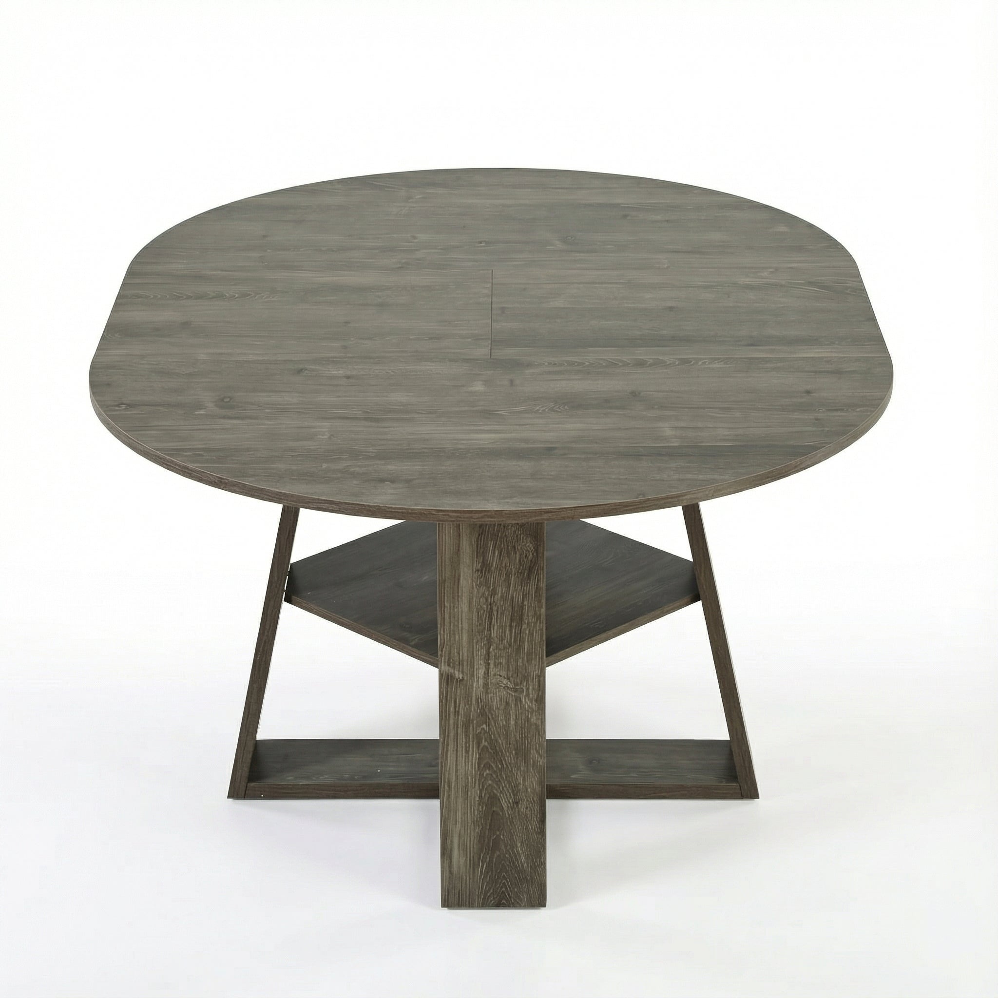 Front studio view of the gray table extended to an oval shape