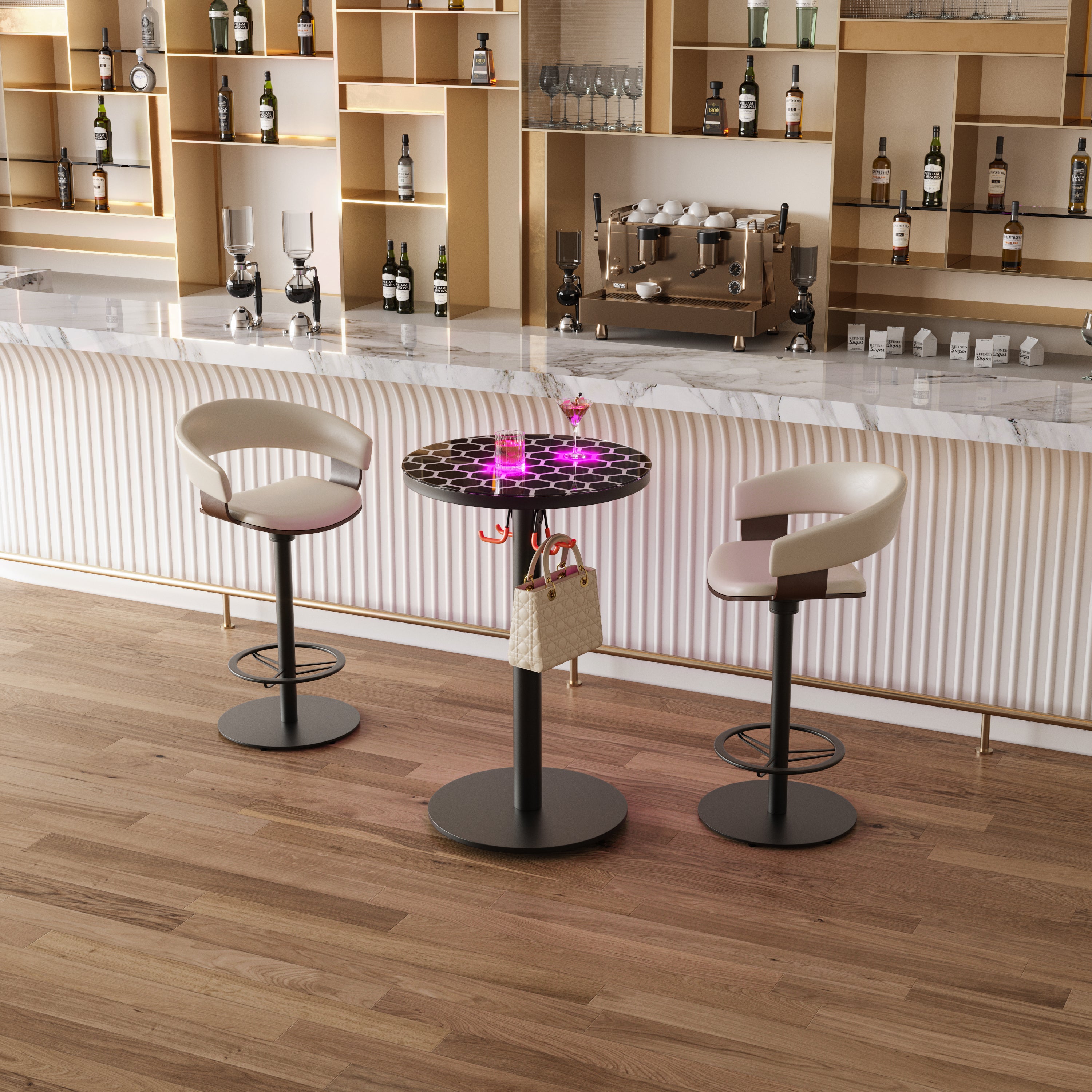 Bar Table, Round Black Glass Top LED Pub Table, Steel Base