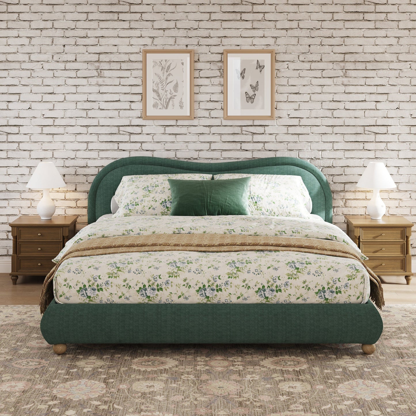 Olive green king bed in farmhouse-style bedroom with brick wall