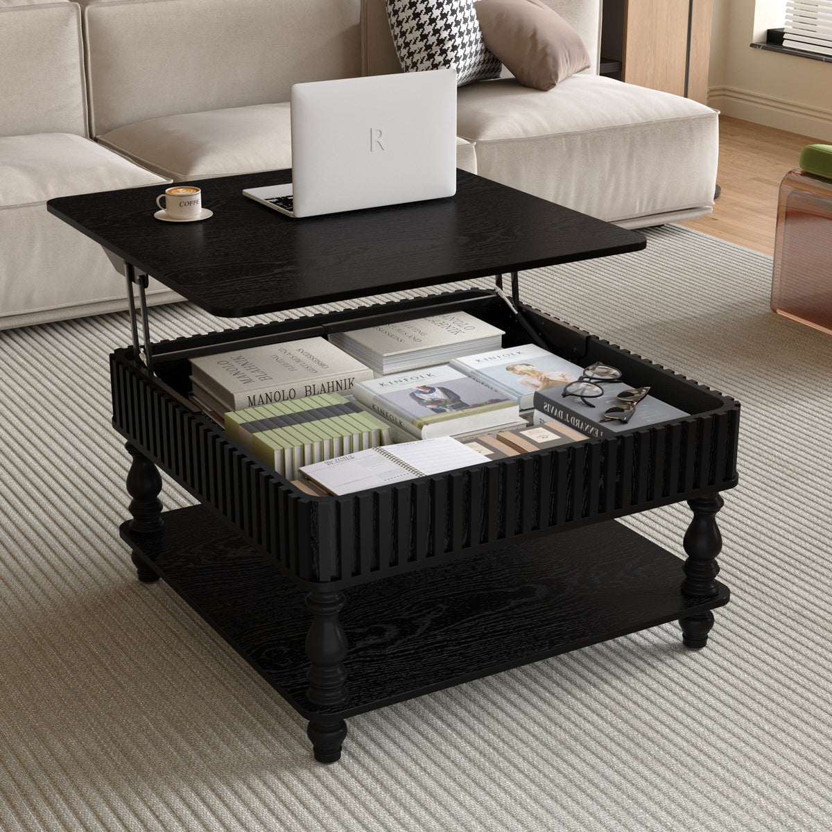 Black Square Fluted Lift-Top Coffee Table, 31.5 in