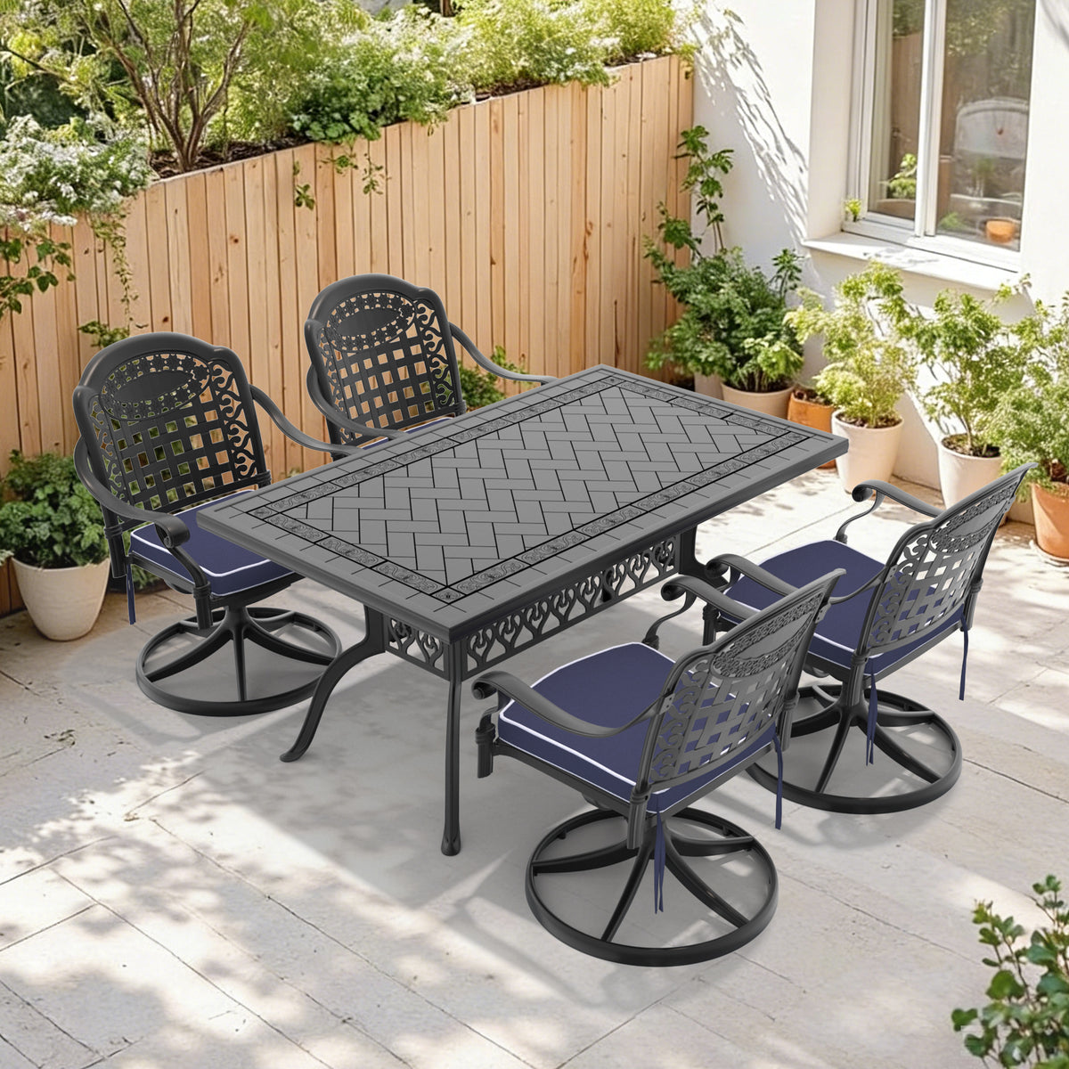 Black Aluminum 5-Piece Patio Dining Set for 4 with Cushions, Swivel