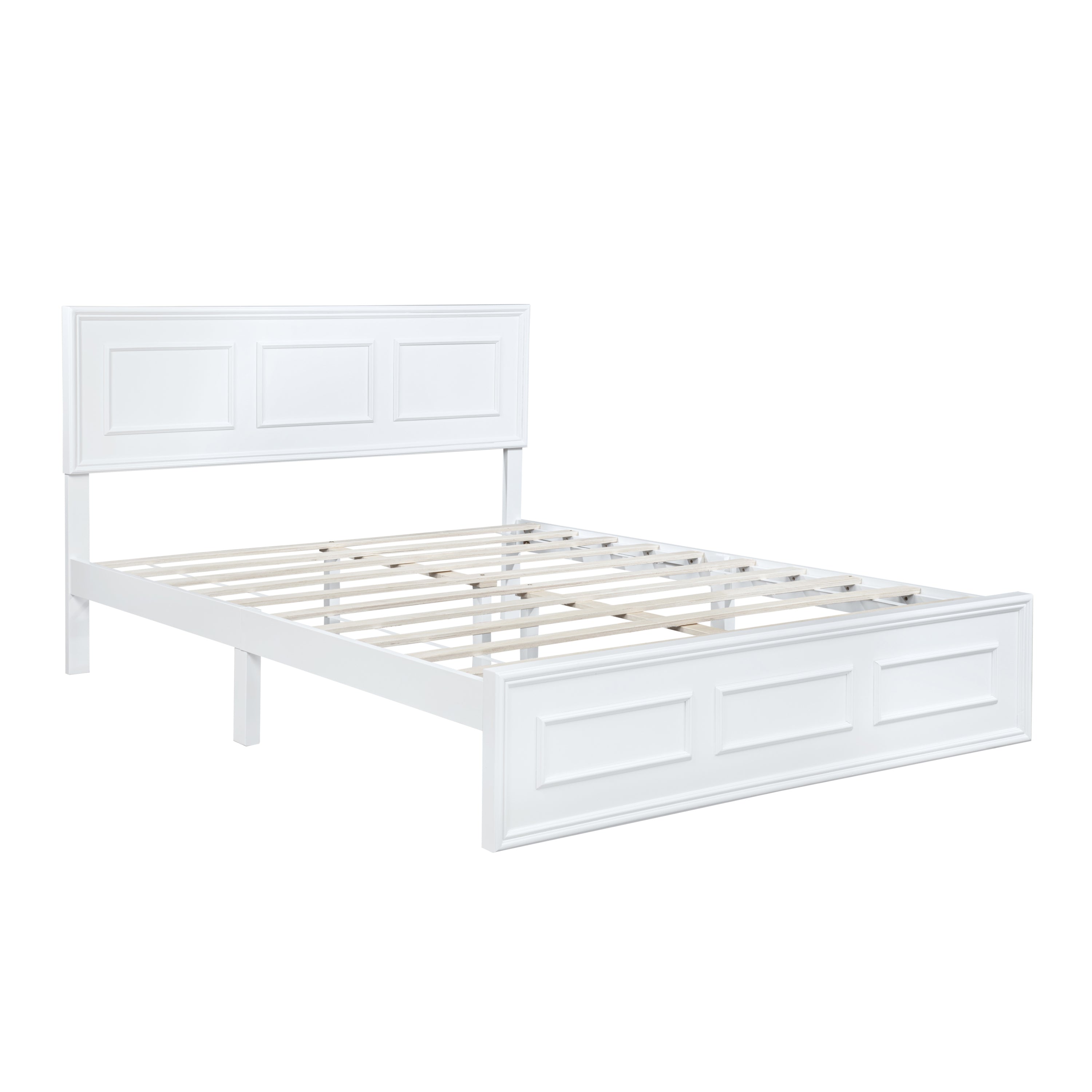 Angled full view of a white queen bed with recessed-panel headboard, footboard, and slats #Color_White