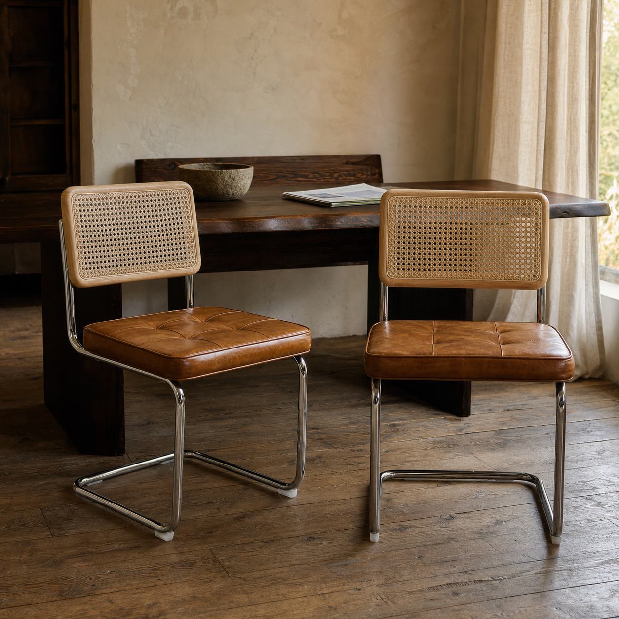 Rattan Dining Chairs – Set of 2, Brown Vegan Leather