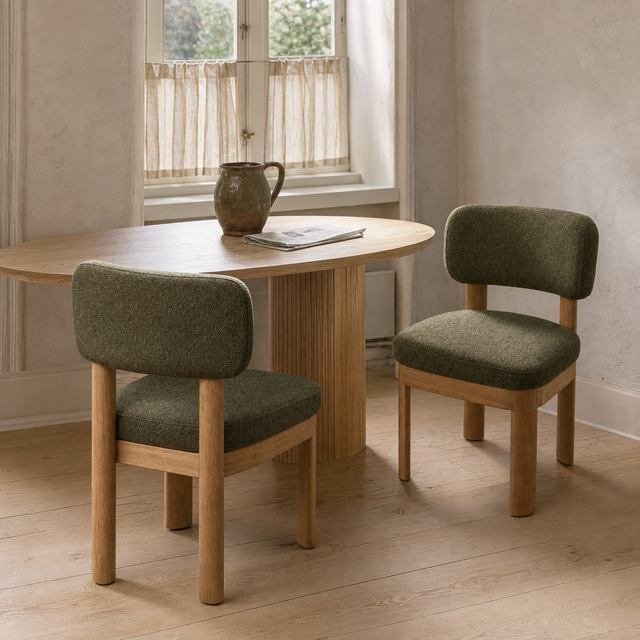 Solid Wood Green Upholstered Dining Chairs - Mid Century Modern Set of 2