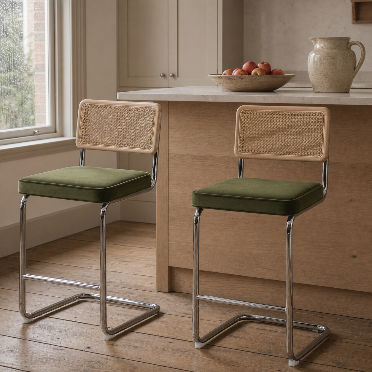 Rattan Counter Stools Set of 2 – Stainless Steel Legs & Green Velvet