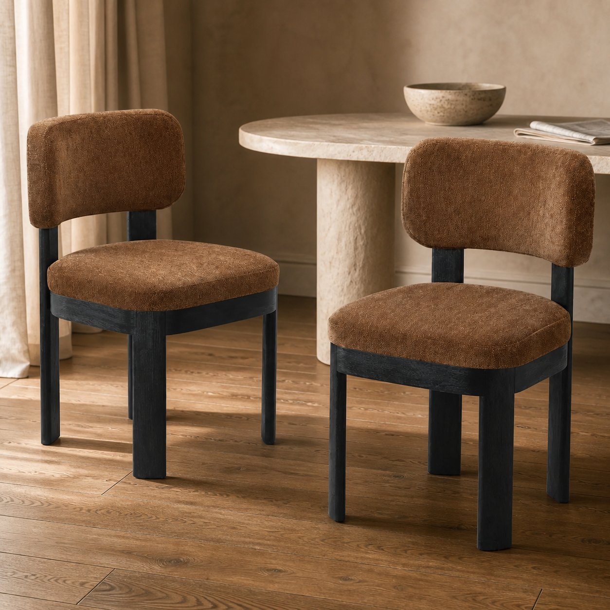 Solid Wood Dining Chairs Mid Century Modern Brown Upholstery Set of 2