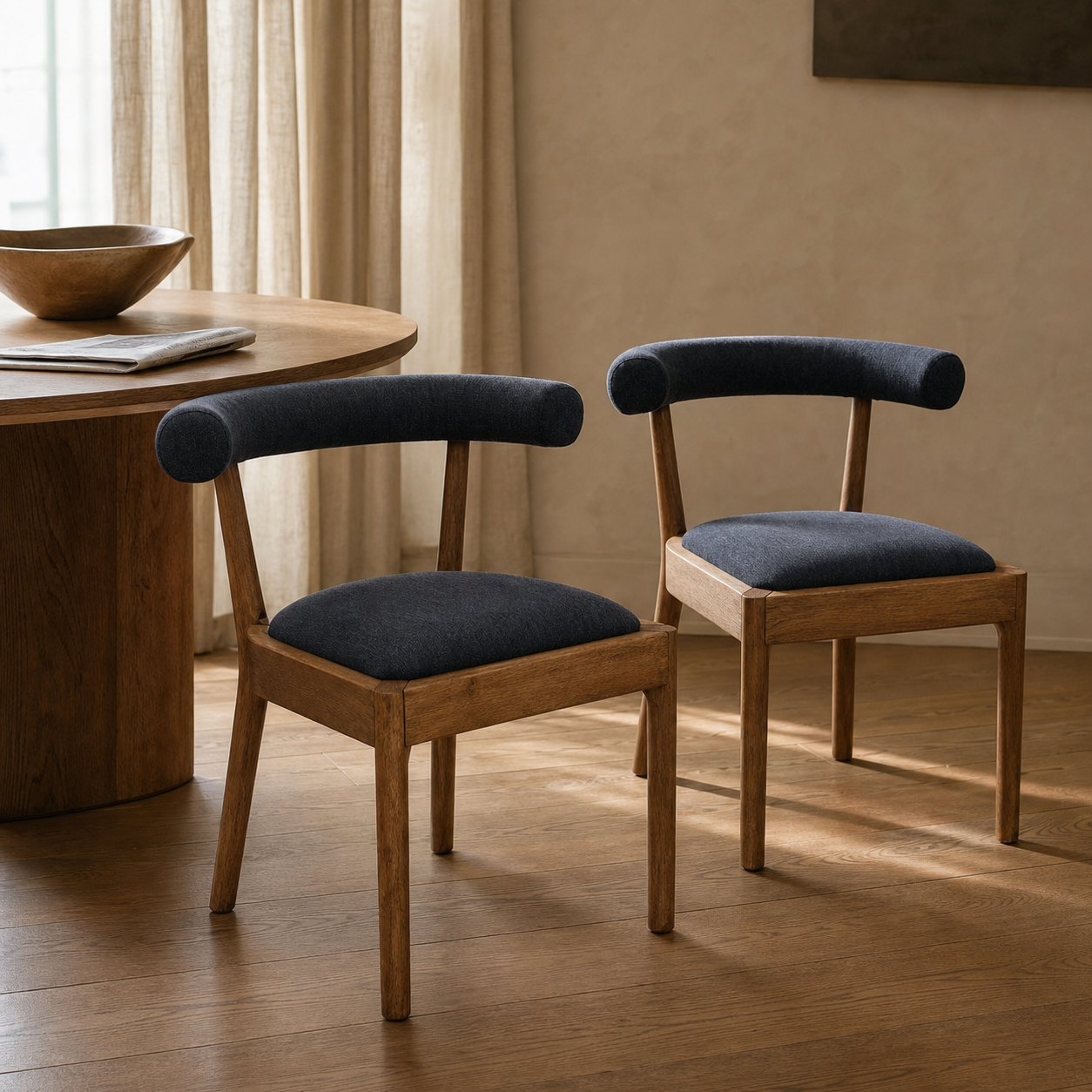 Solid Wood & Navy Upholstery Dining Chair Set of 2