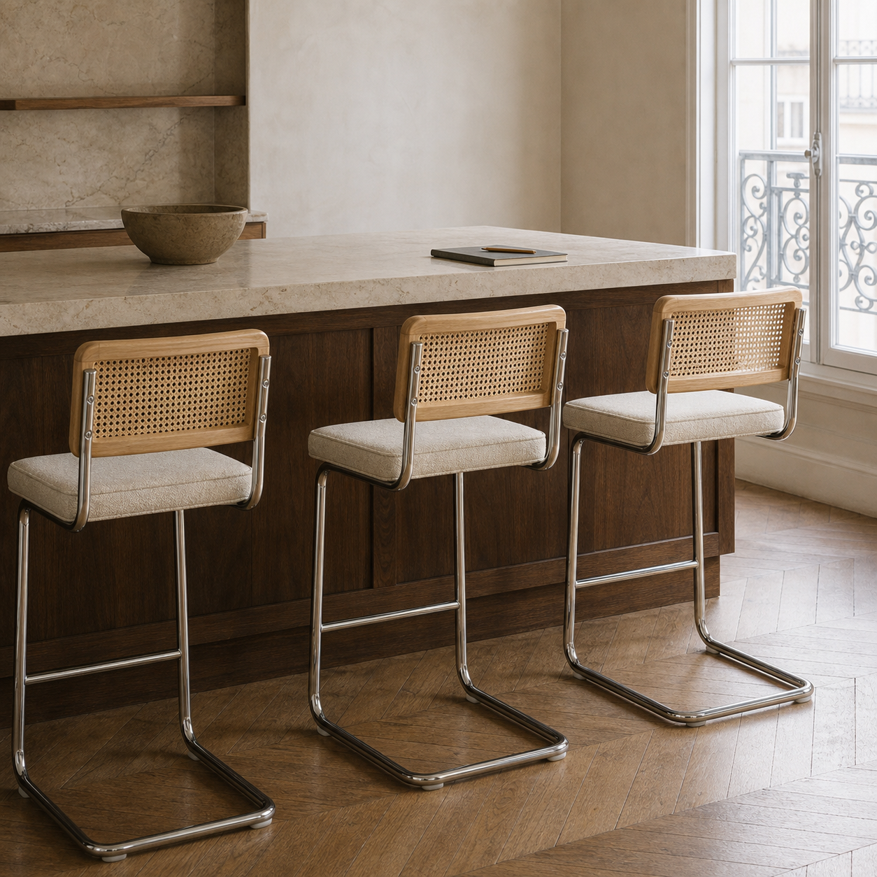 Midcentury Modern Counter Stools Set of 3 – Rattan & Stainless Steel