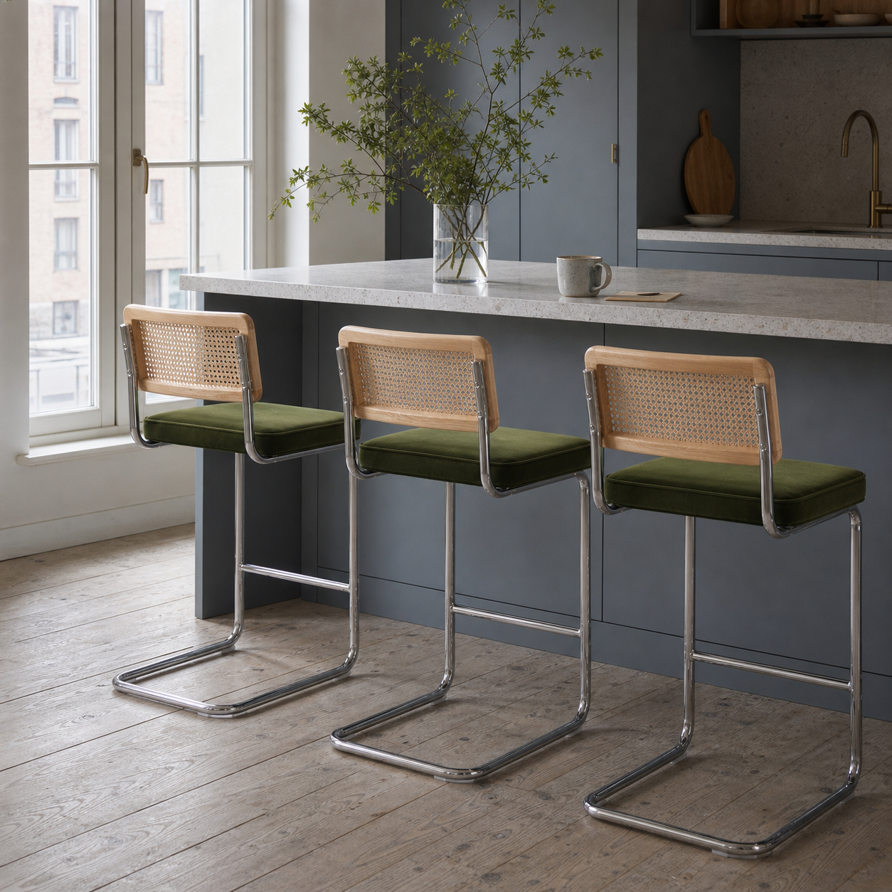 Rattan Counter Stools Set of 3 – Stainless Steel Legs & Green Velvet