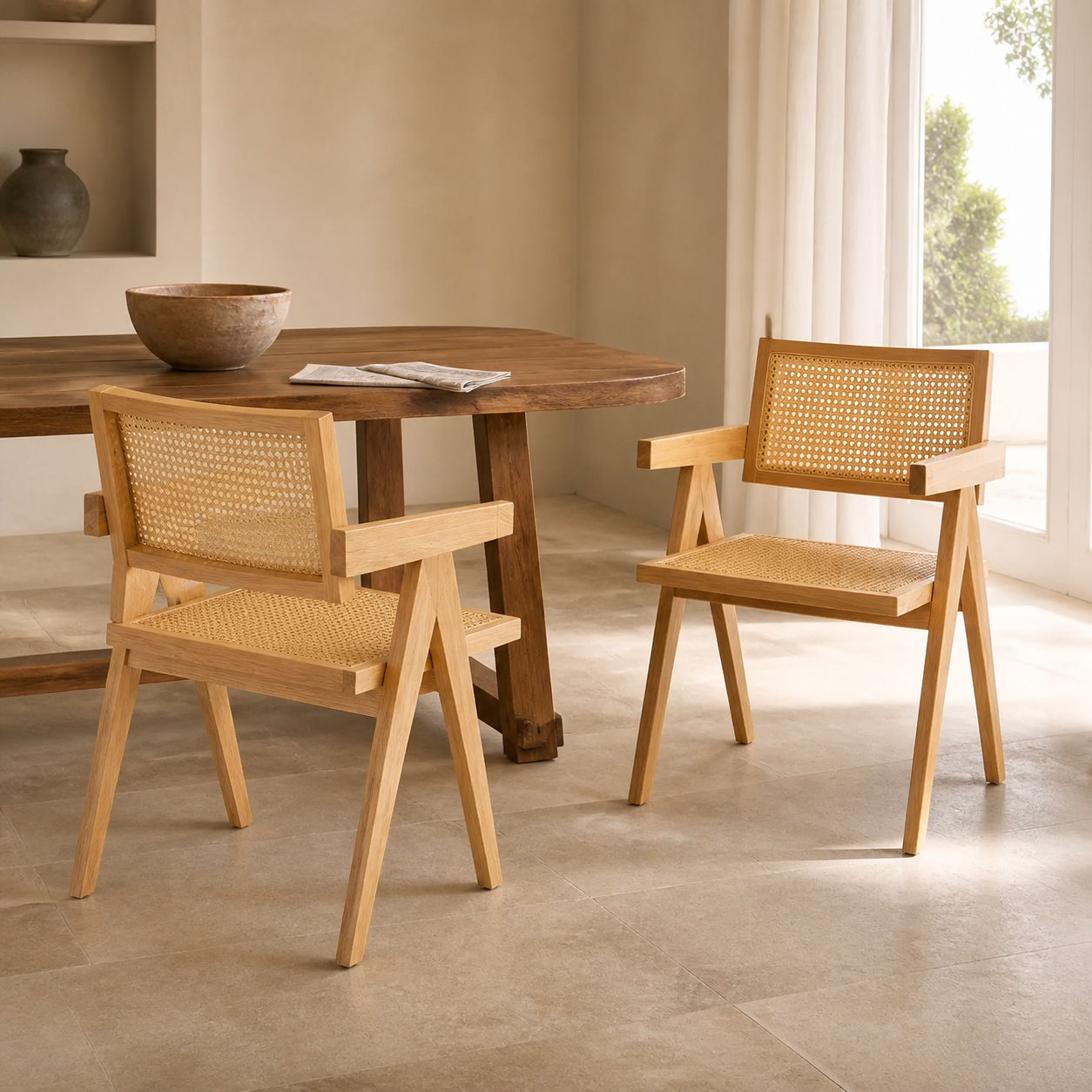 Rattan Dining Chairs – Set of 2, Solid Wood & Natural Stain