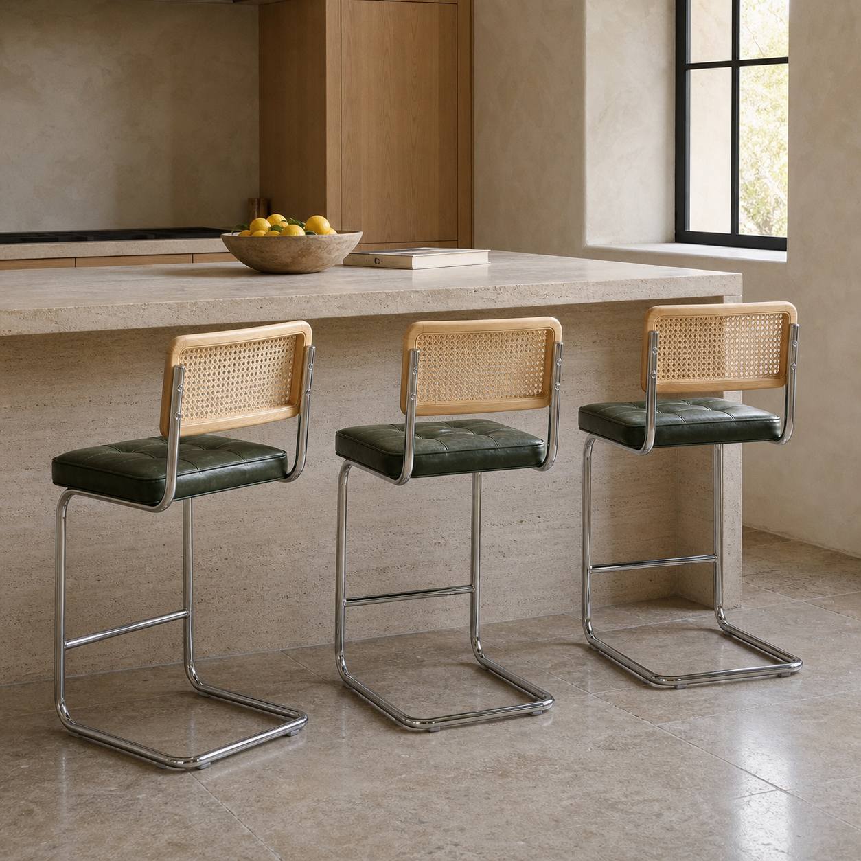 Rattan Counter Stools Set of 3 – Stainless Steel Legs & Green Vegan Leather