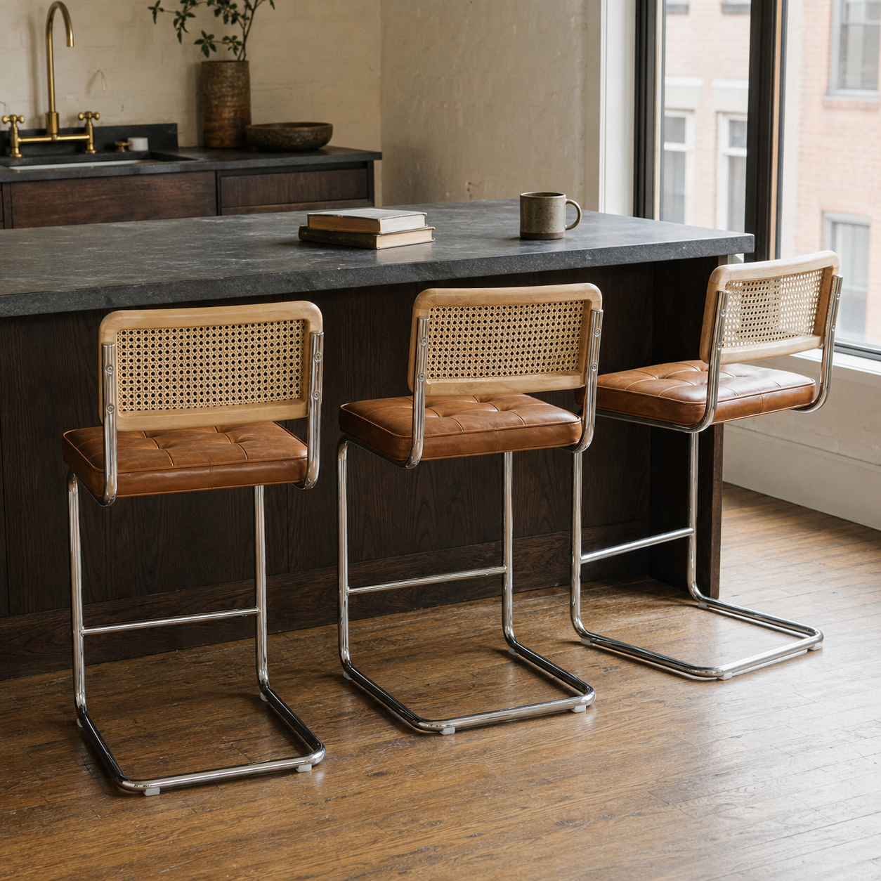 Rattan Counter Stools Set of 3 – Stainless Steel Legs & Brown Vegan Leather