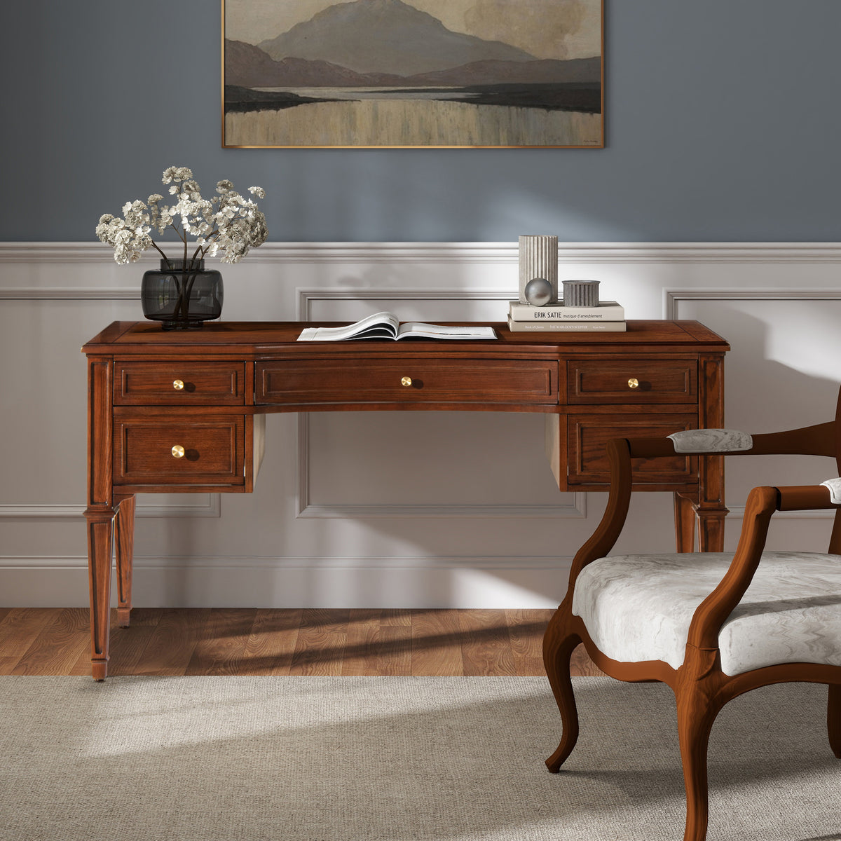 Executive Desk, 5 Drawers, 59 in, Walnut