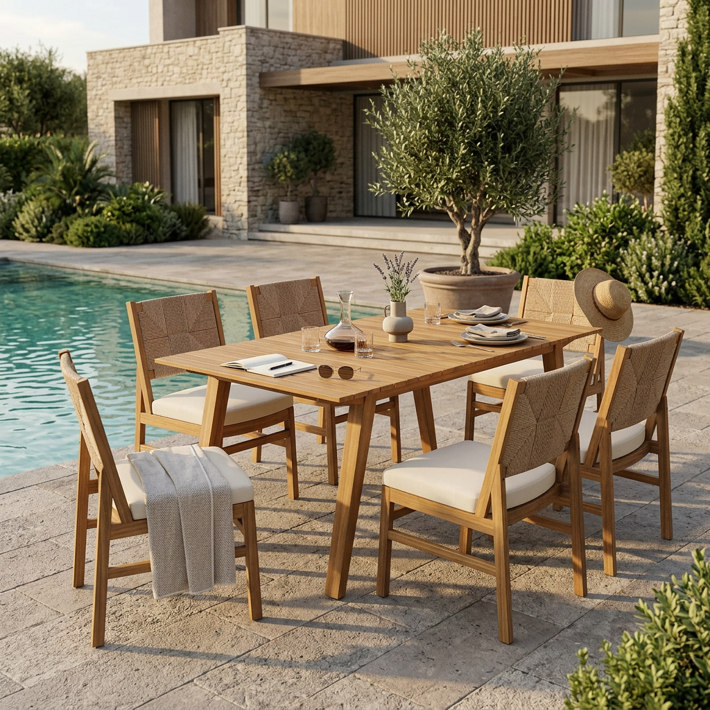 7-Piece Outdoor Dining Set, Acacia Wood Table with 6 Wicker Chairs