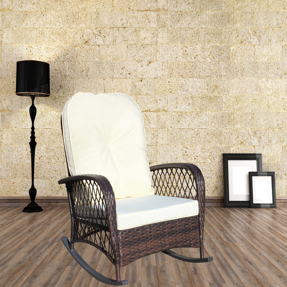 Brown Wicker Outdoor Rocking Chair with Beige Cushions