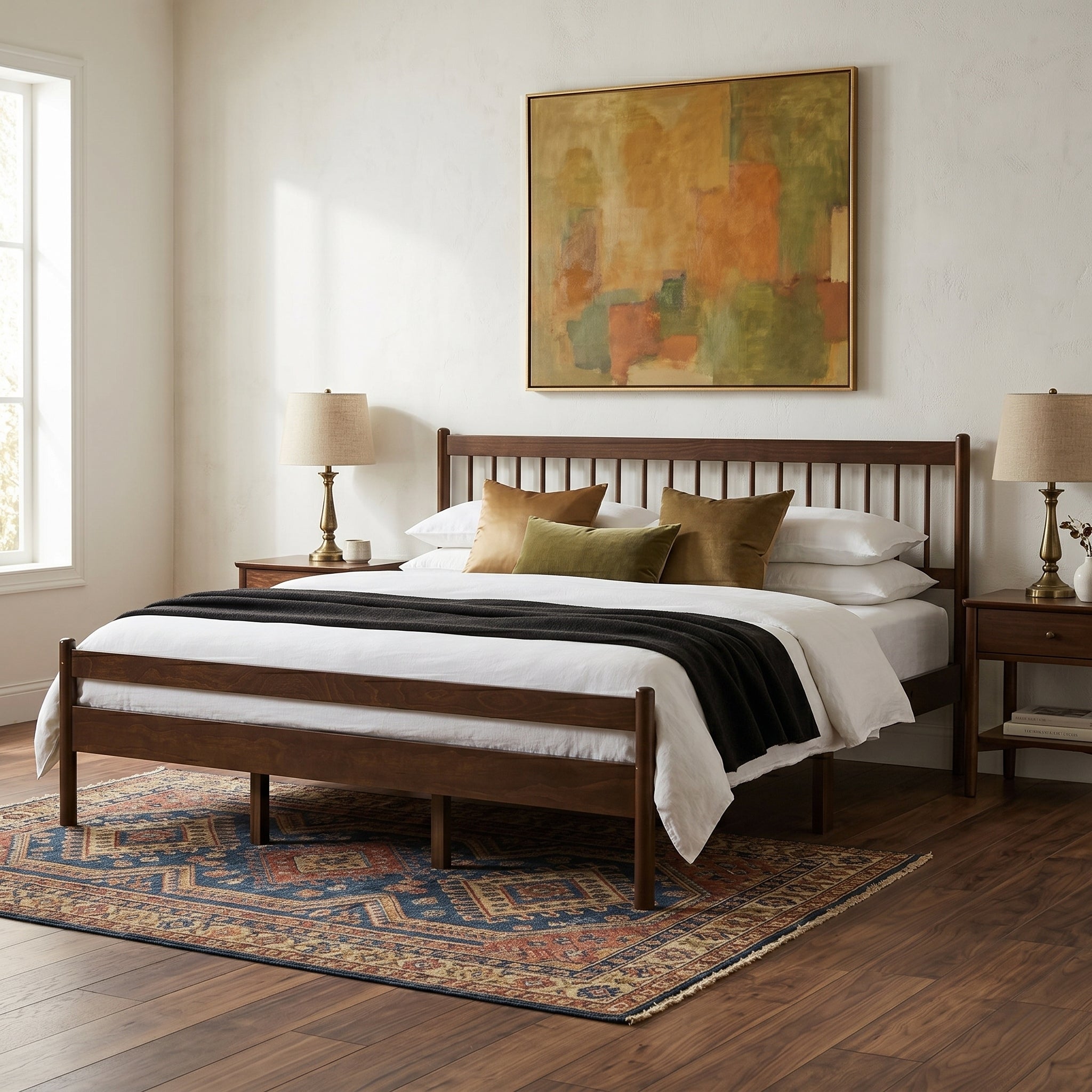 Walnut pine king bed, angled bedroom view with patterned rug