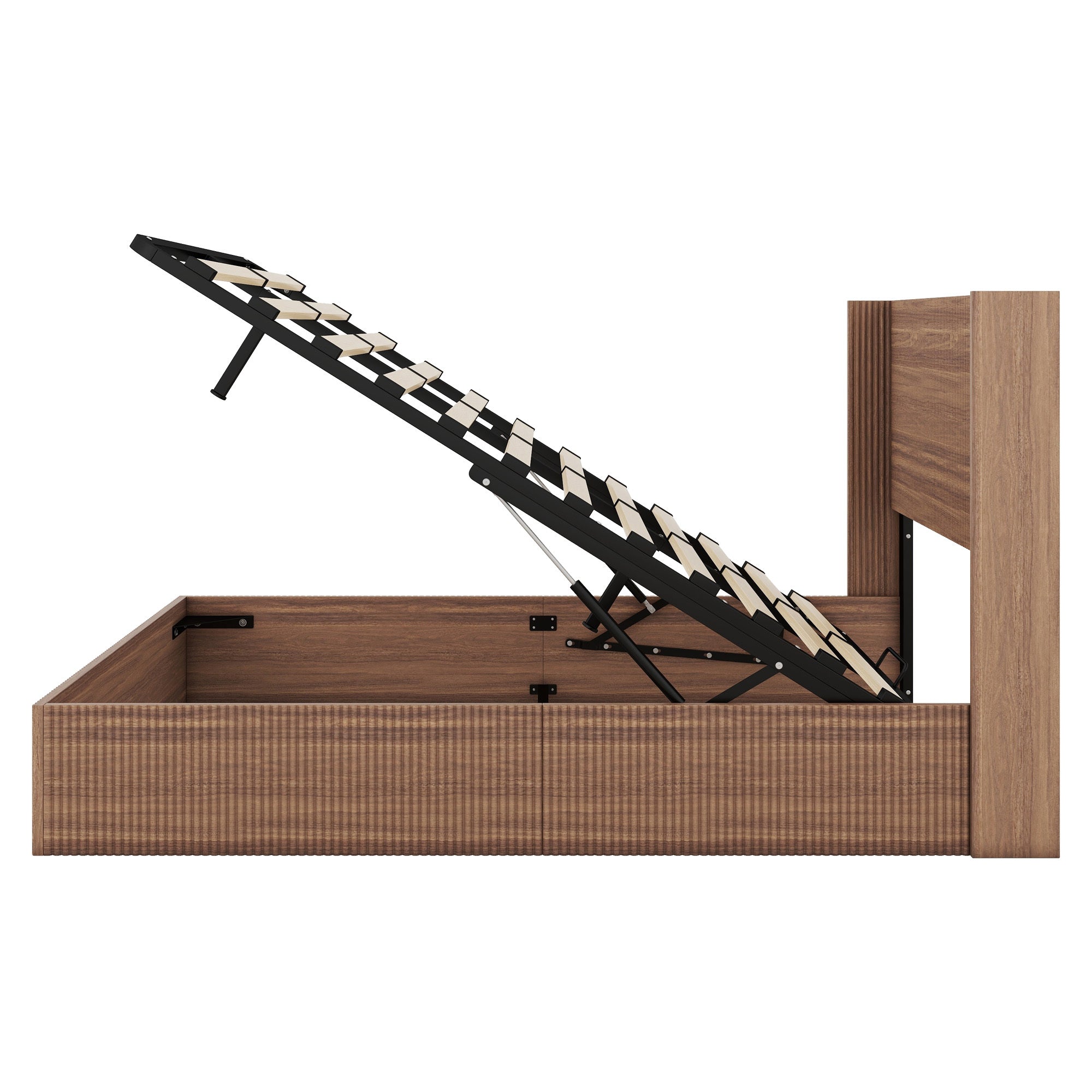 Side profile of the natural wood storage bed with the slat platform raised on the lift struts