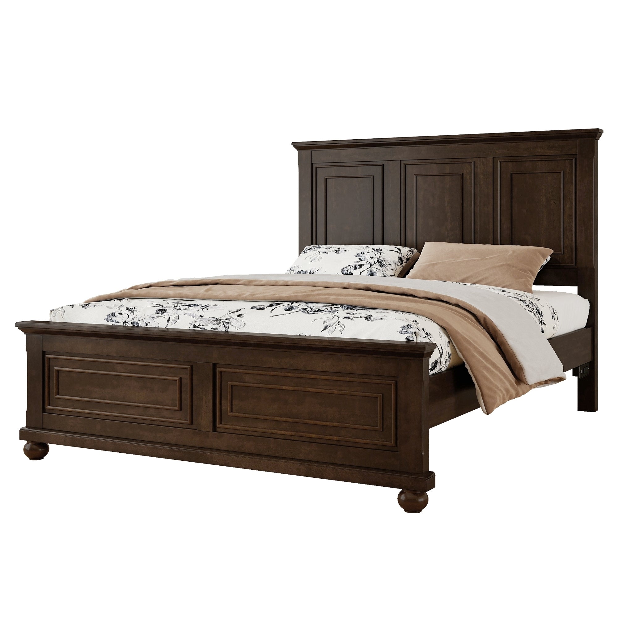 Studio angle of the bare rich brown queen bed frame with panel headboard, footboard and side-rail charger