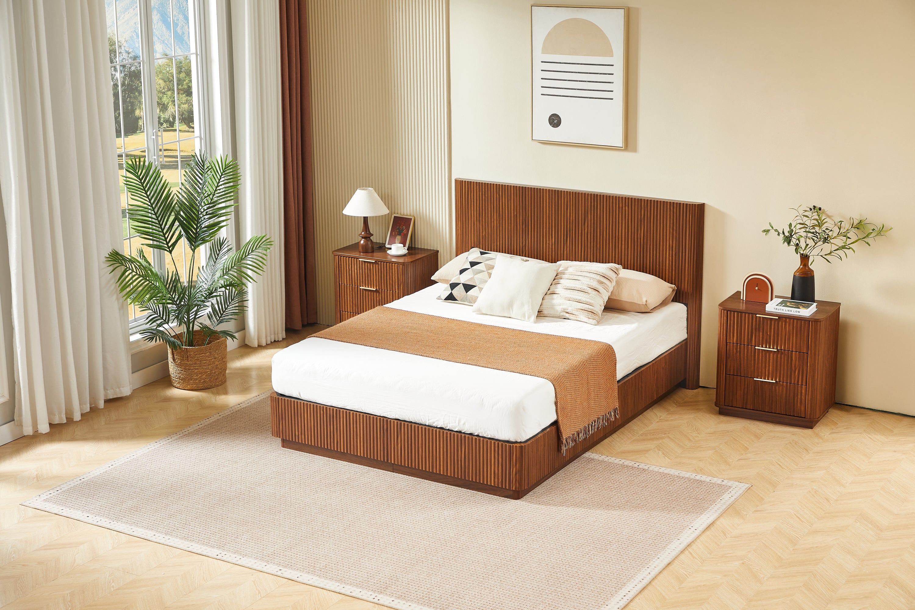 Front bedroom view of the corrugated walnut queen bed frame flanked by matching nightstands #Color_Walnut