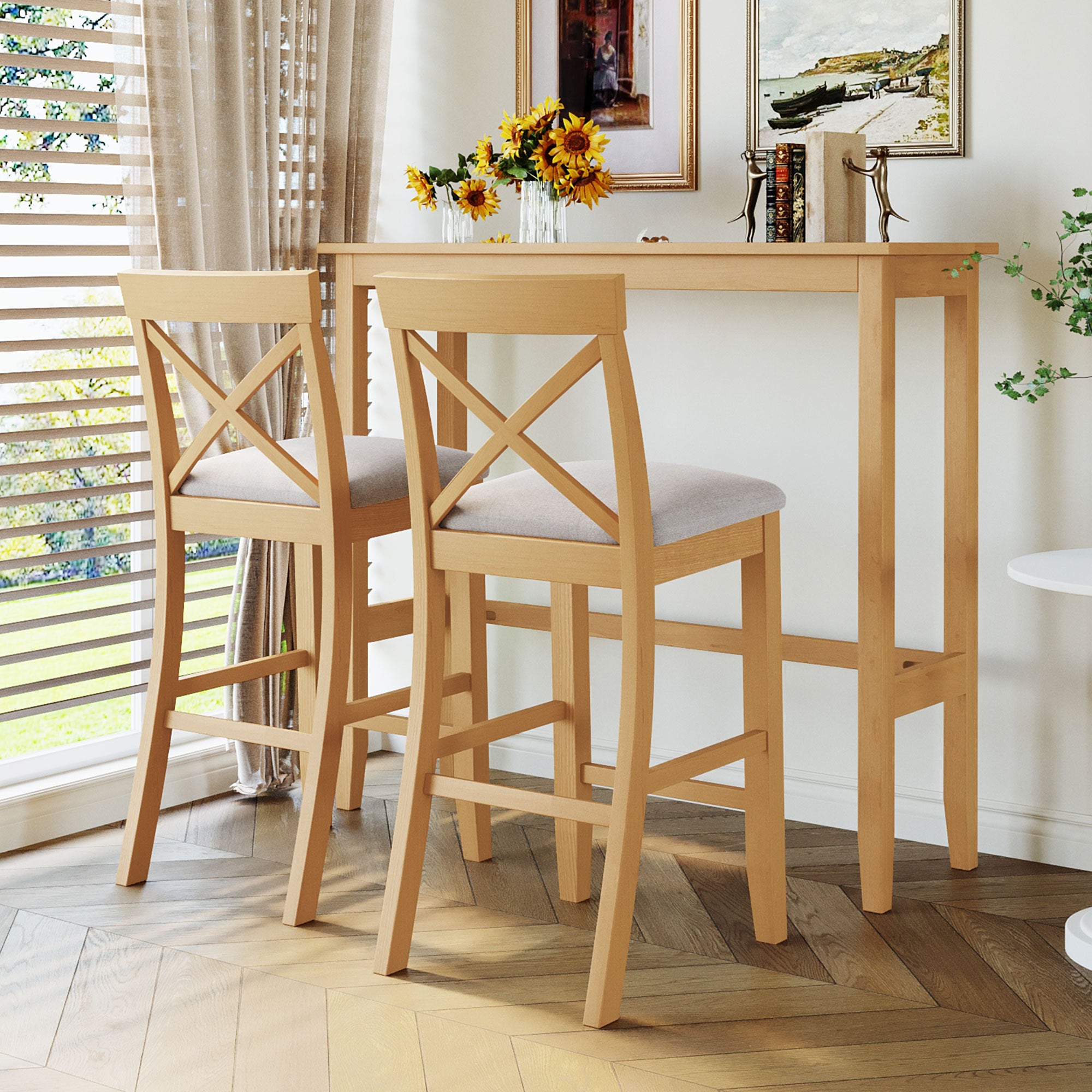 3-Piece Bar Height Dining Set, Acacia Table and 2 Chairs, Natural