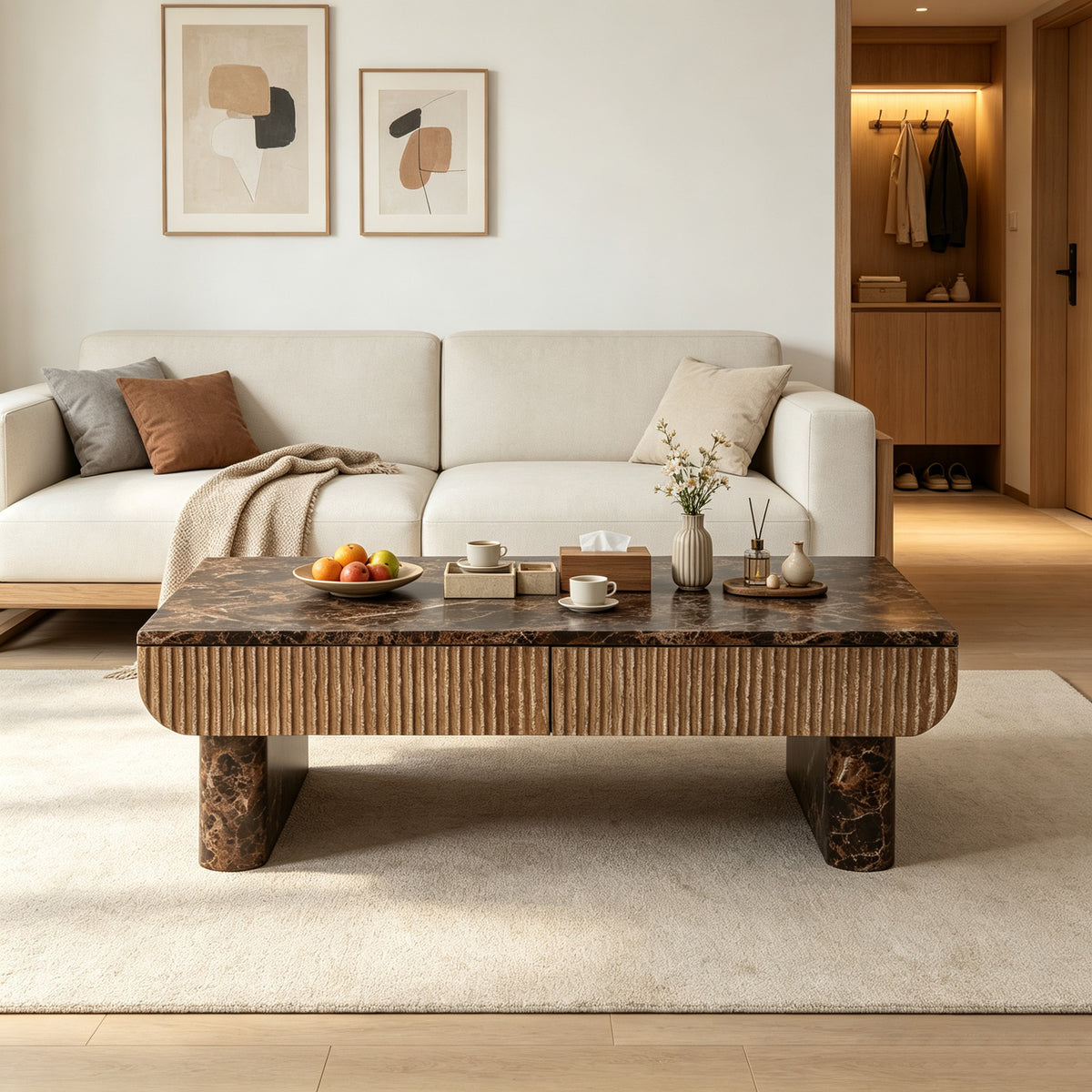 Walnut Rectangular Fluted Coffee Table with Storage, 46.8 in