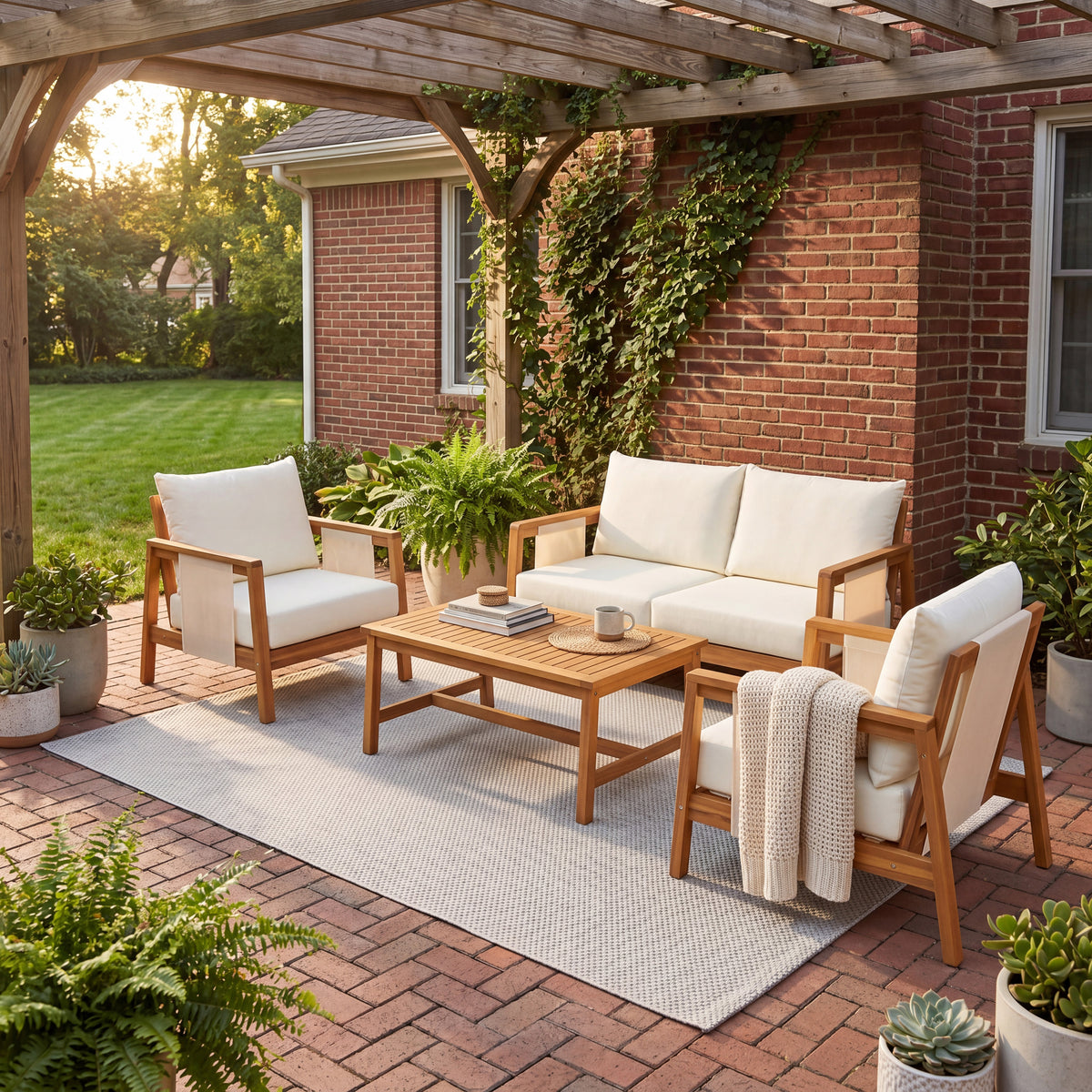 Teak Finish Solid Wood 4-Piece Outdoor Sofa Set for 4 with Beige Cushions
