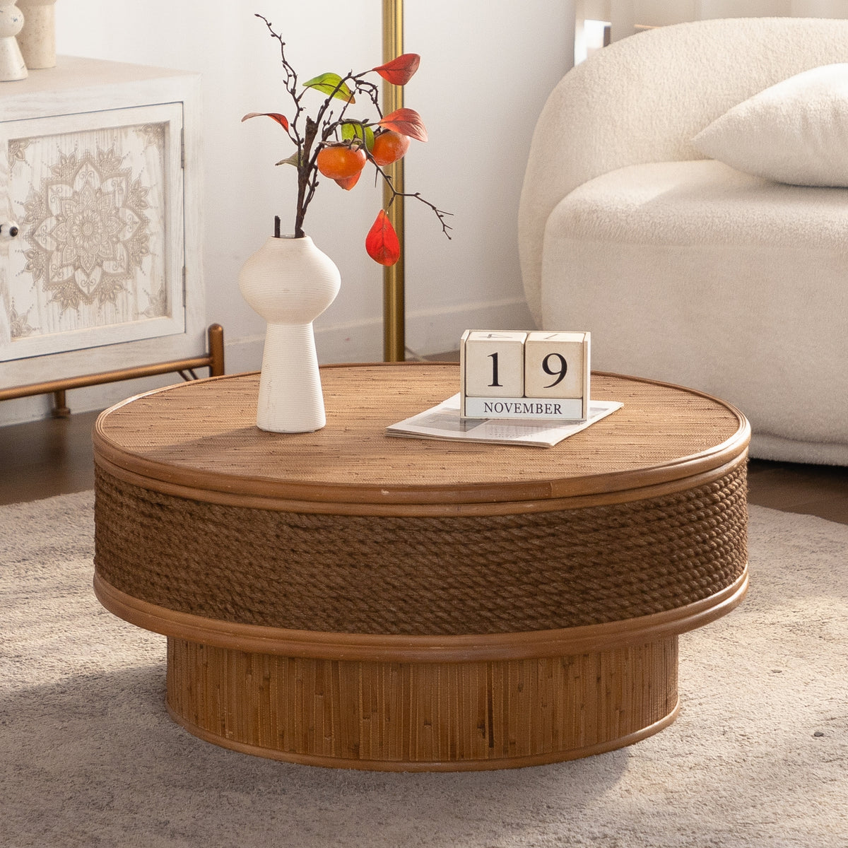 Natural Round Coffee Table, 31.5 in, Woven