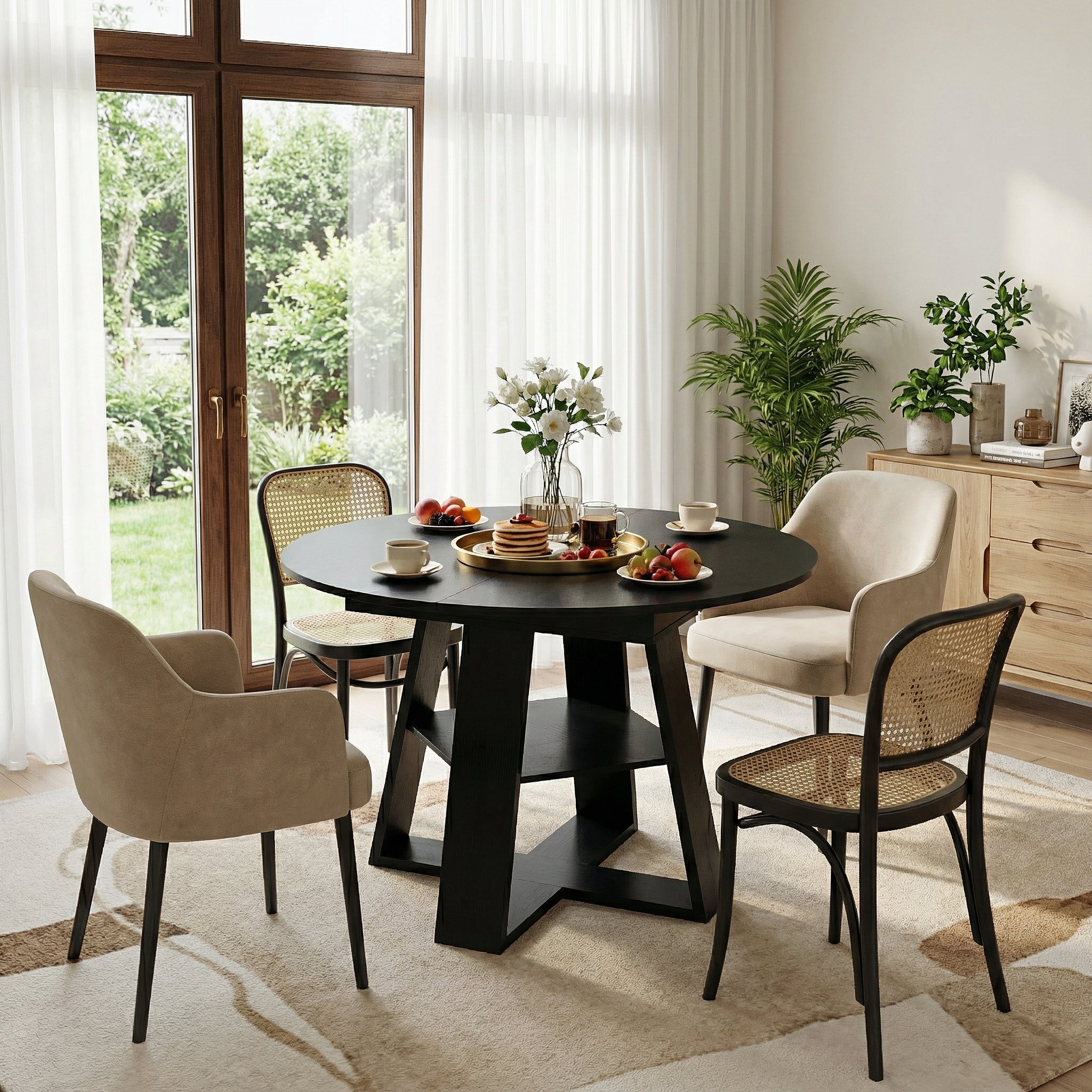 Styled dining room with the black round table, rattan and cream chairs and breakfast