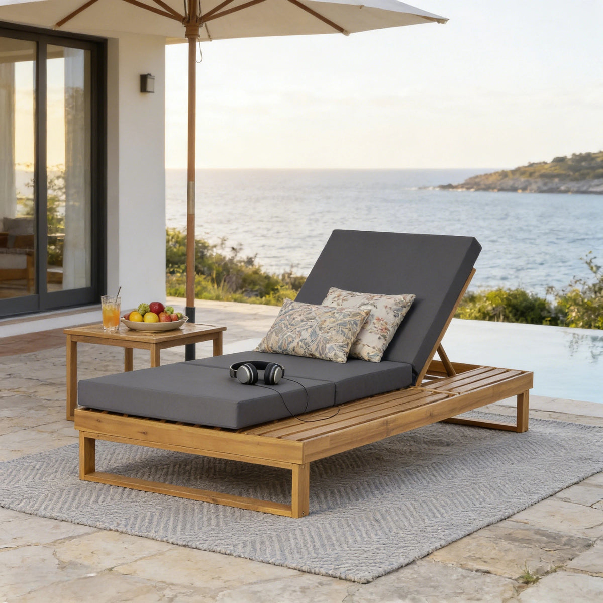 Teak Finish Solid Wood Outdoor Chaise Lounge, Dark Gray Cushion, 3-Fold Cushion