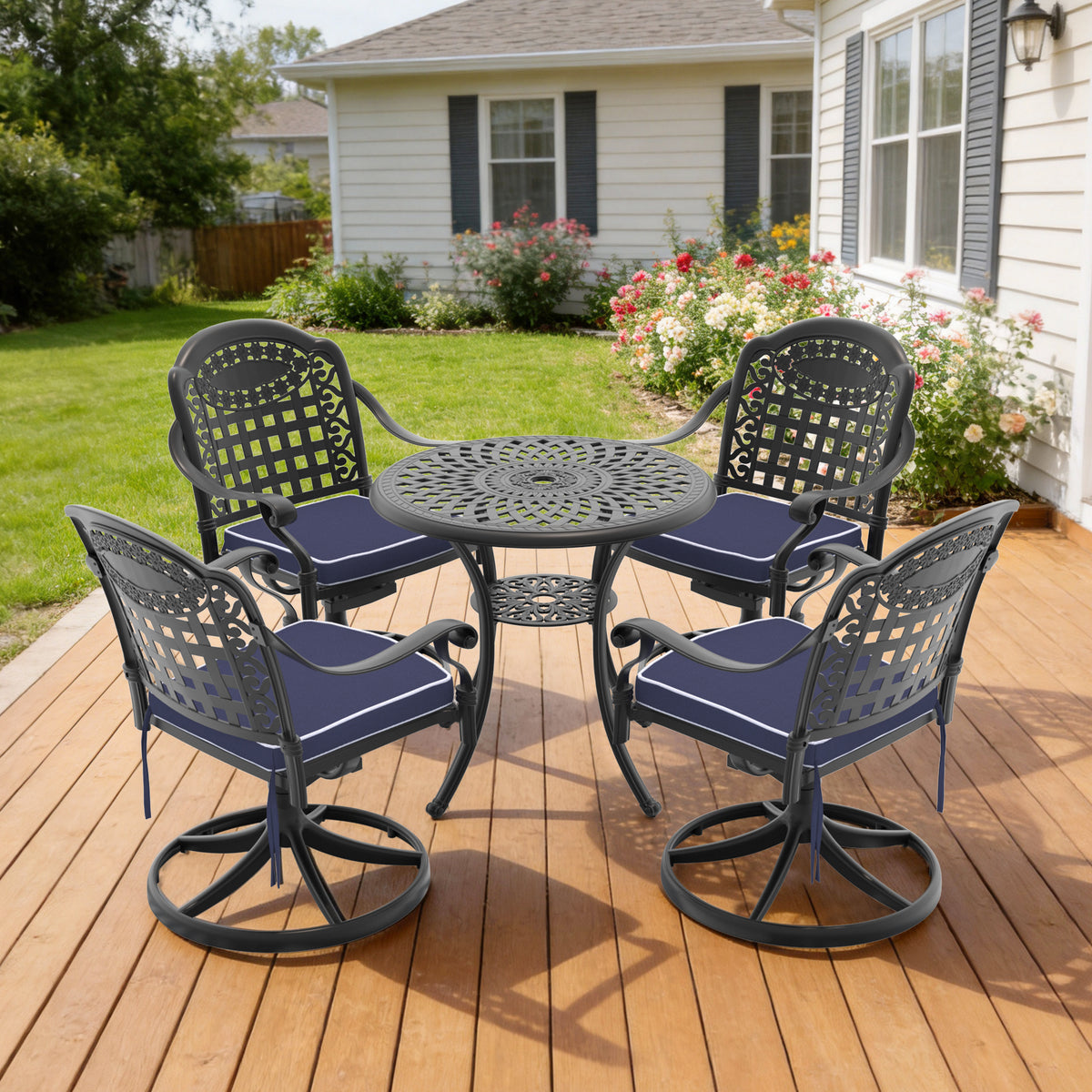 Black Aluminum 5-Piece Patio Dining Set for 4 with Cushions, Swivel, Round