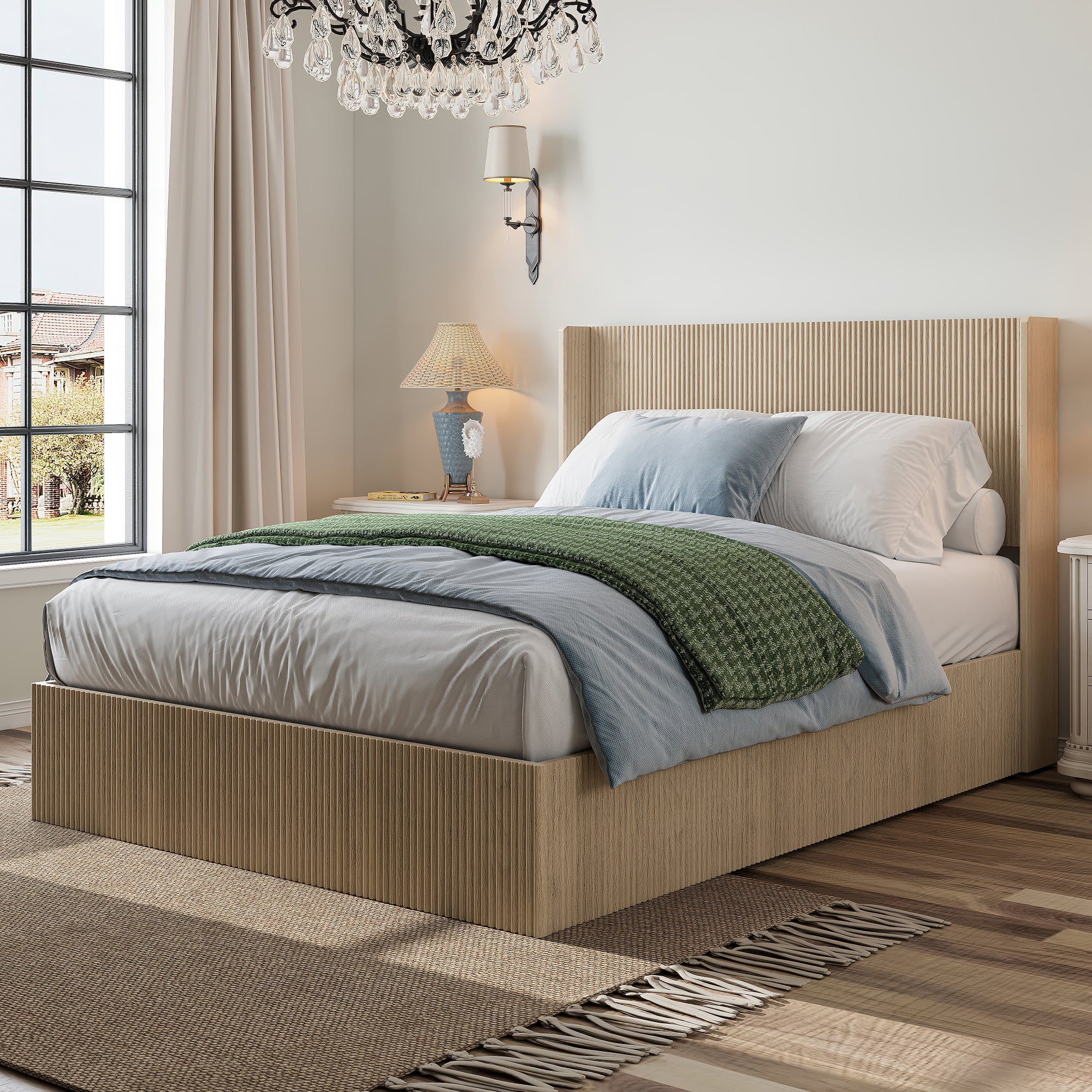 Angled view of the oak fluted platform bed with ribbed wingback headboard in a bright bedroom