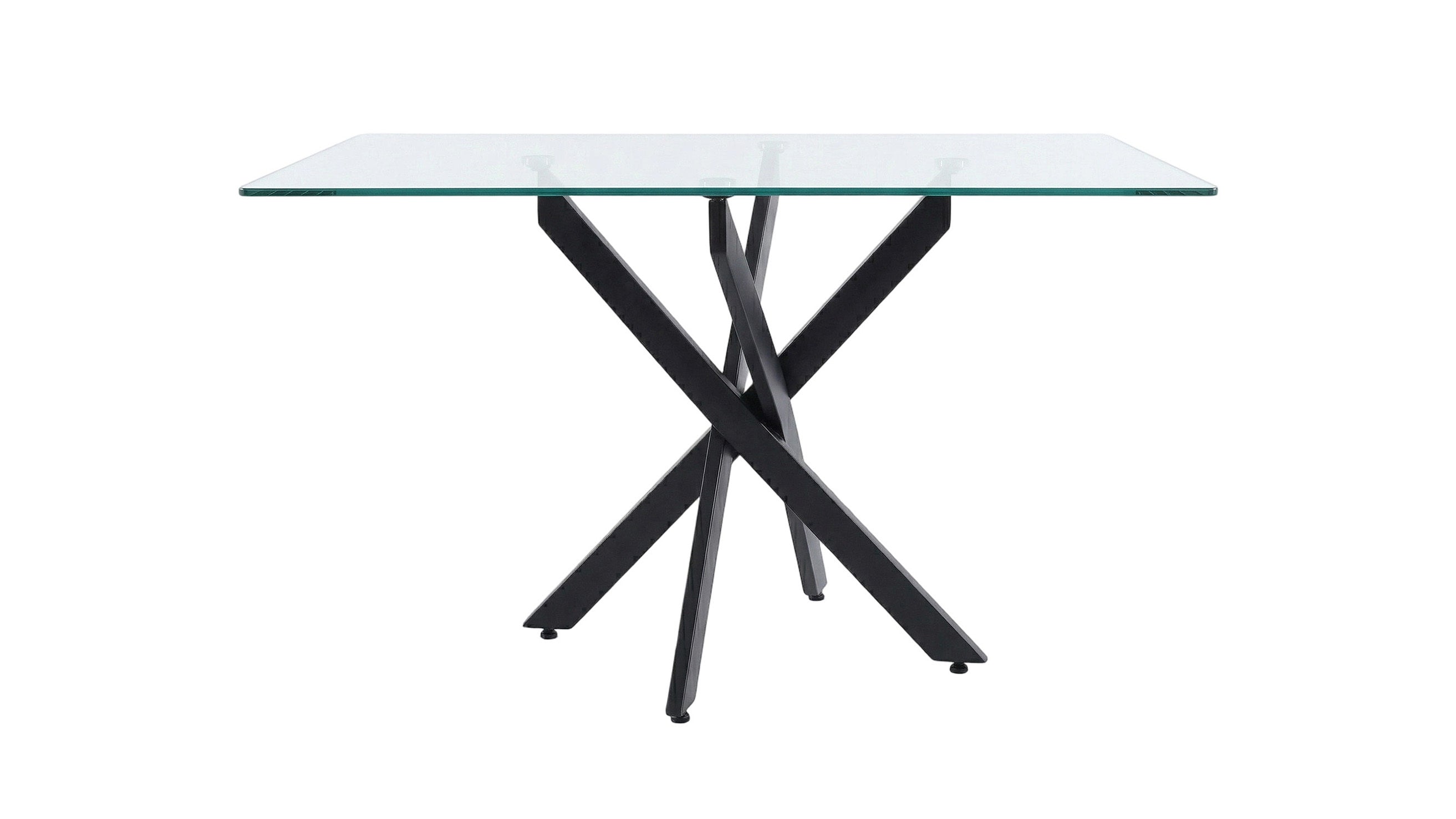 Wide front elevation of the glass dining table with black crossed metal legs, white background