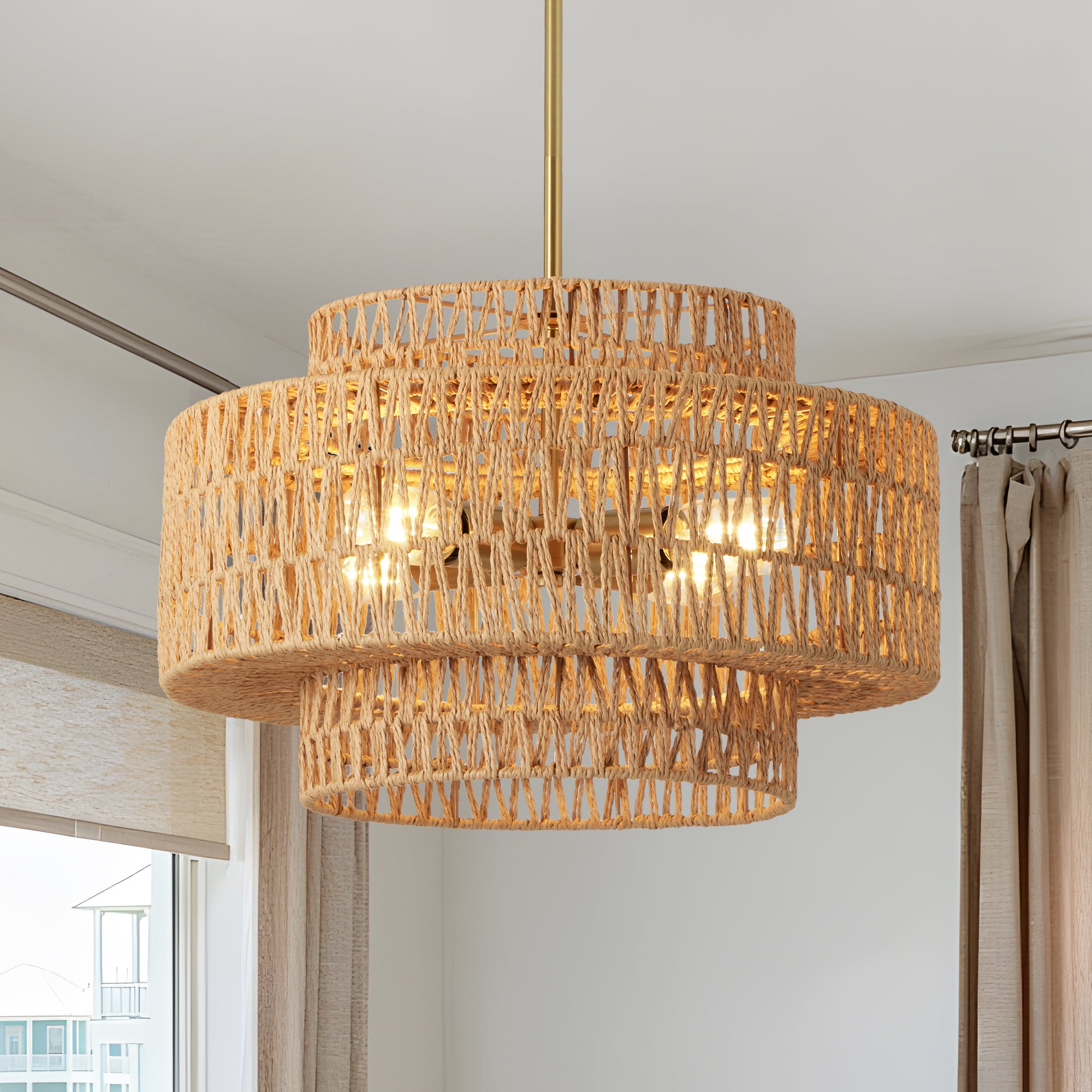 Chandelier, 4-Light Rattan Shade with Iron Frame, Brown