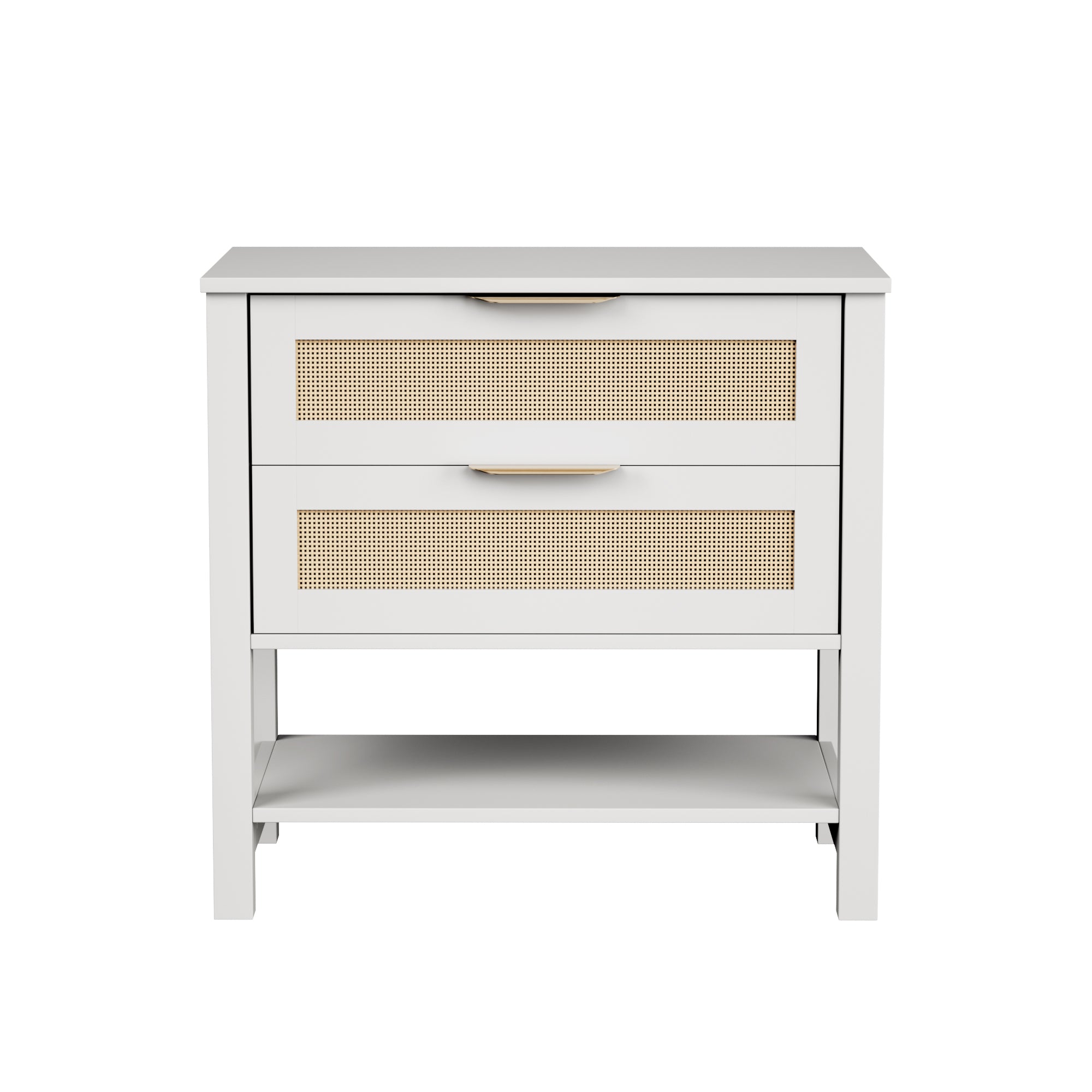 Rattan Nightstand with 2 Drawers and Open Storage Shelf, White