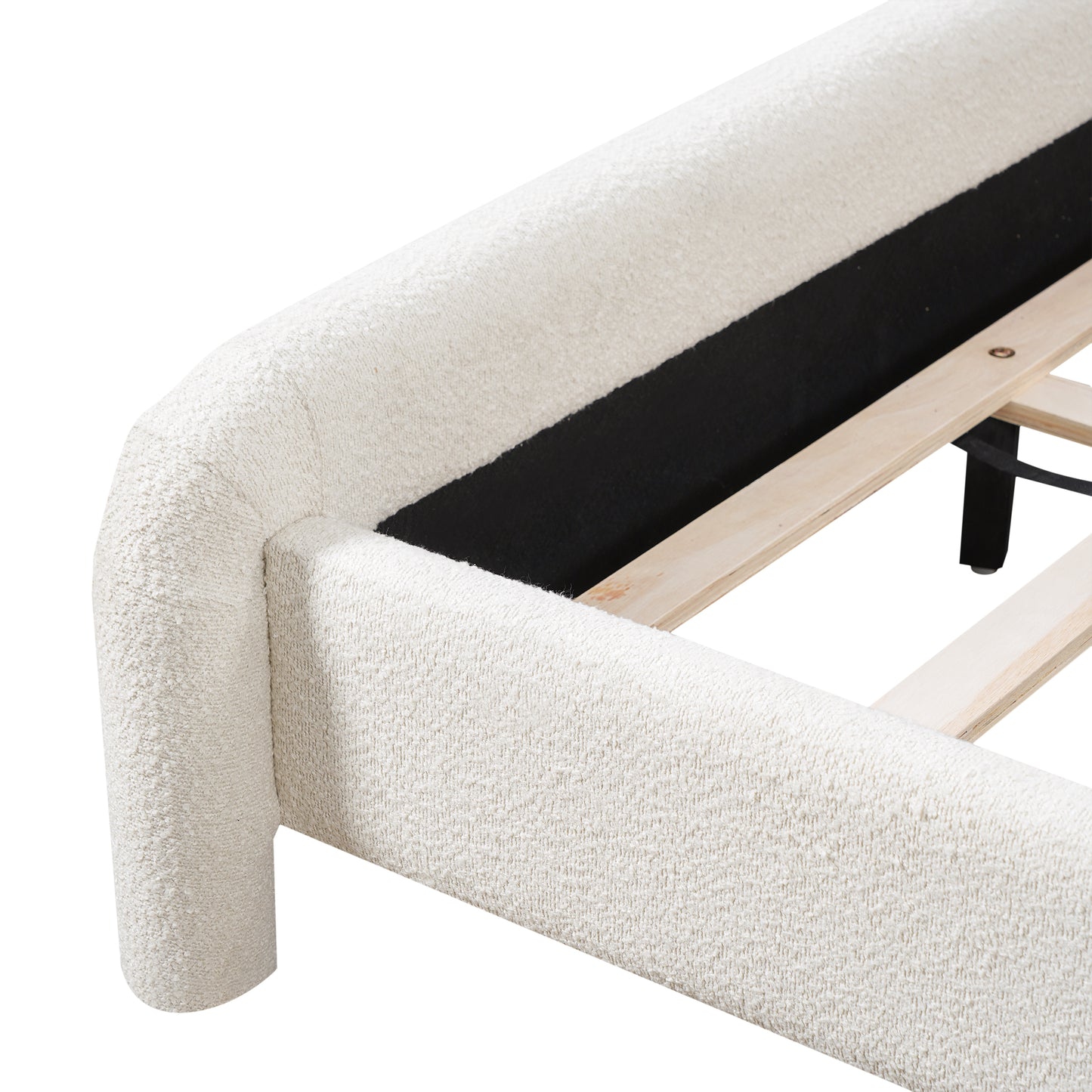 Close-up of footboard corner joinery with slat attachment hardware