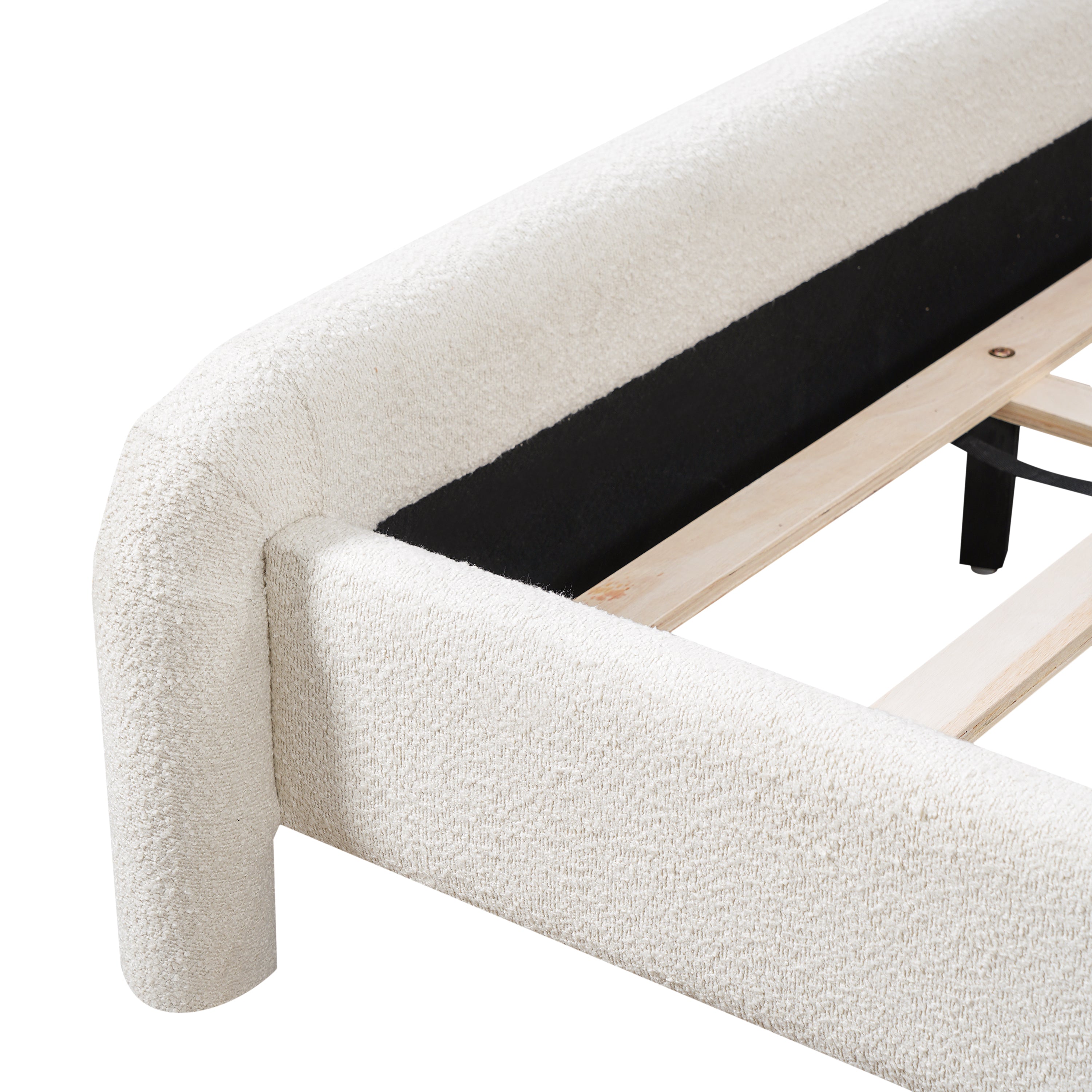 Close-up of footboard corner joinery with slat attachment hardware