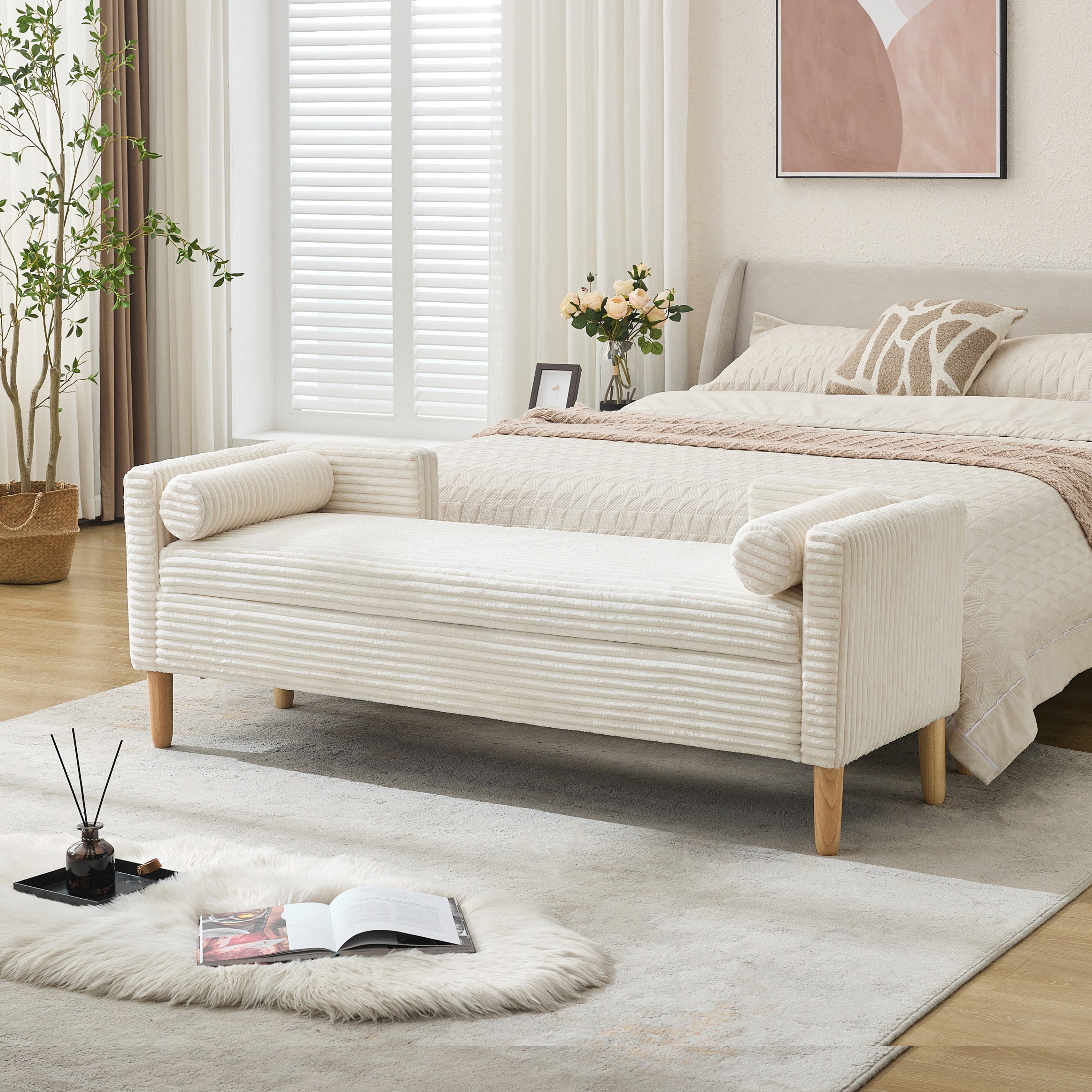 Corduroy Storage Bench, Ivory 64-Inch Flip-Top with Arms