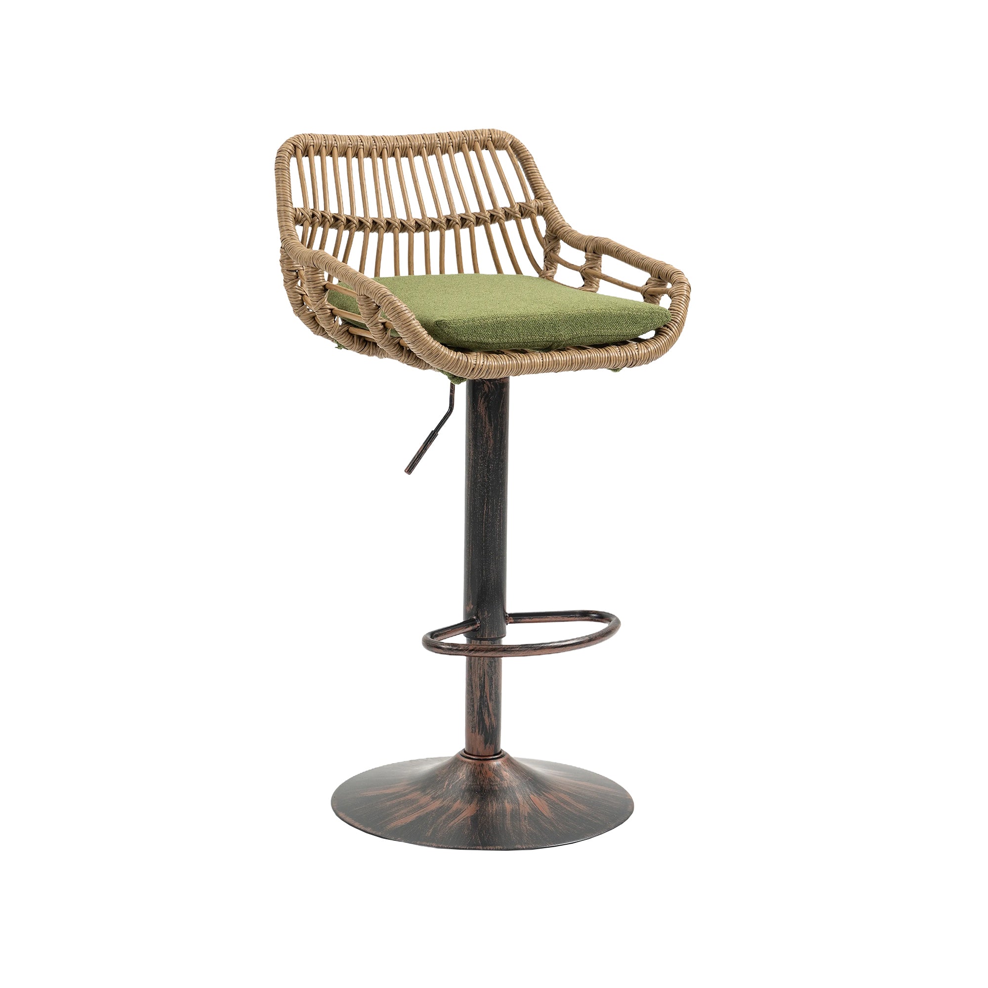 Bar Stools Set of 2, Woven Rattan, Green Linen, Adjustable Swivel