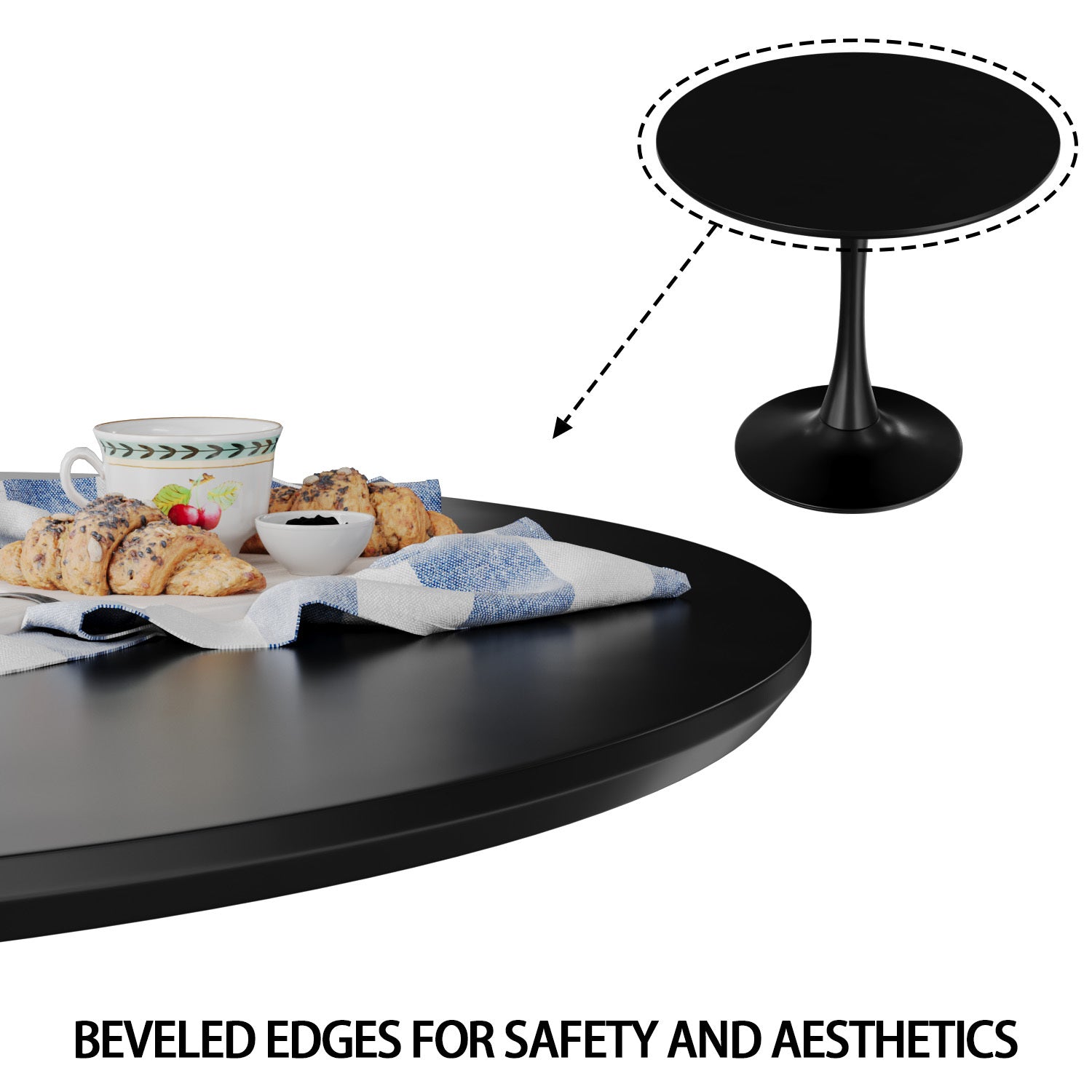 Feature graphic highlighting the beveled tabletop edge with an inset view of the black tulip table