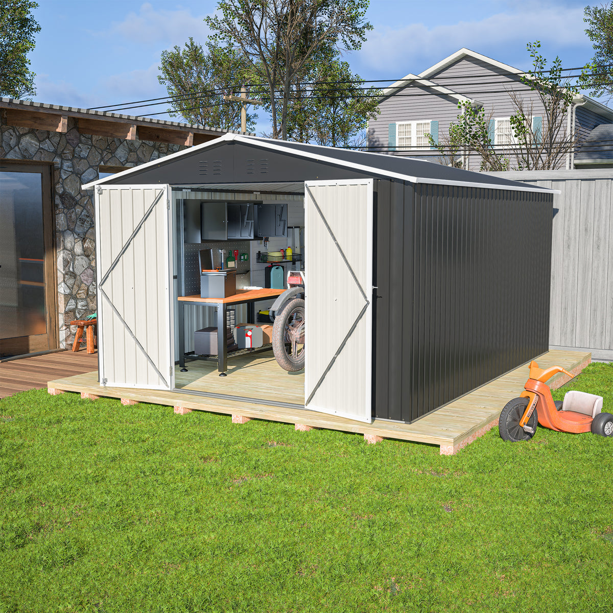 10x12 ft Black Storage Shed with Lockable Doors