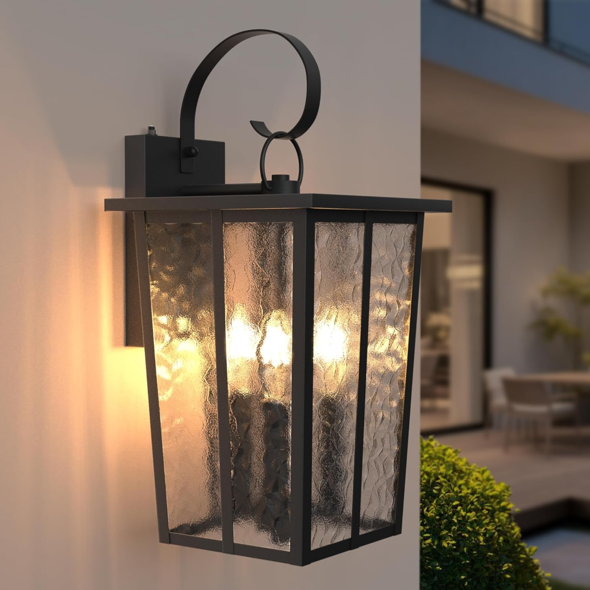 Outdoor Wall Lantern, 3-Light, Ripple Glass, Black