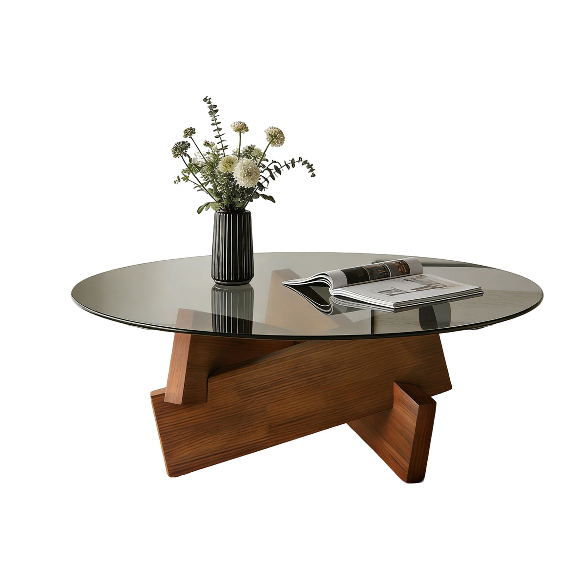 Walnut Glass Top Round Coffee Table, 31.5 in, Mid-Century