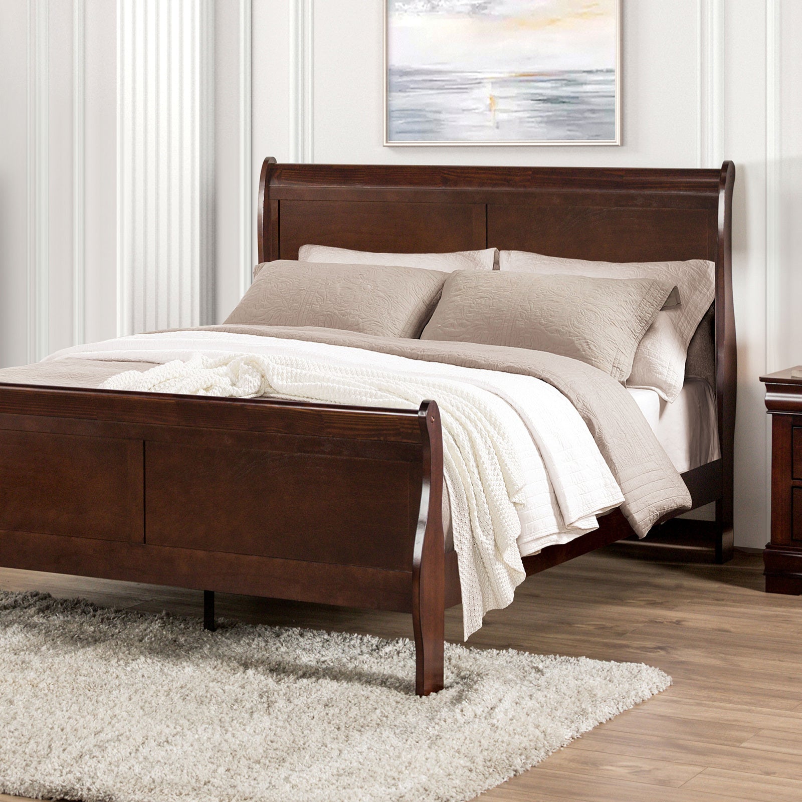 Cherry Wood Queen Sleigh Bed with Drawer Storage