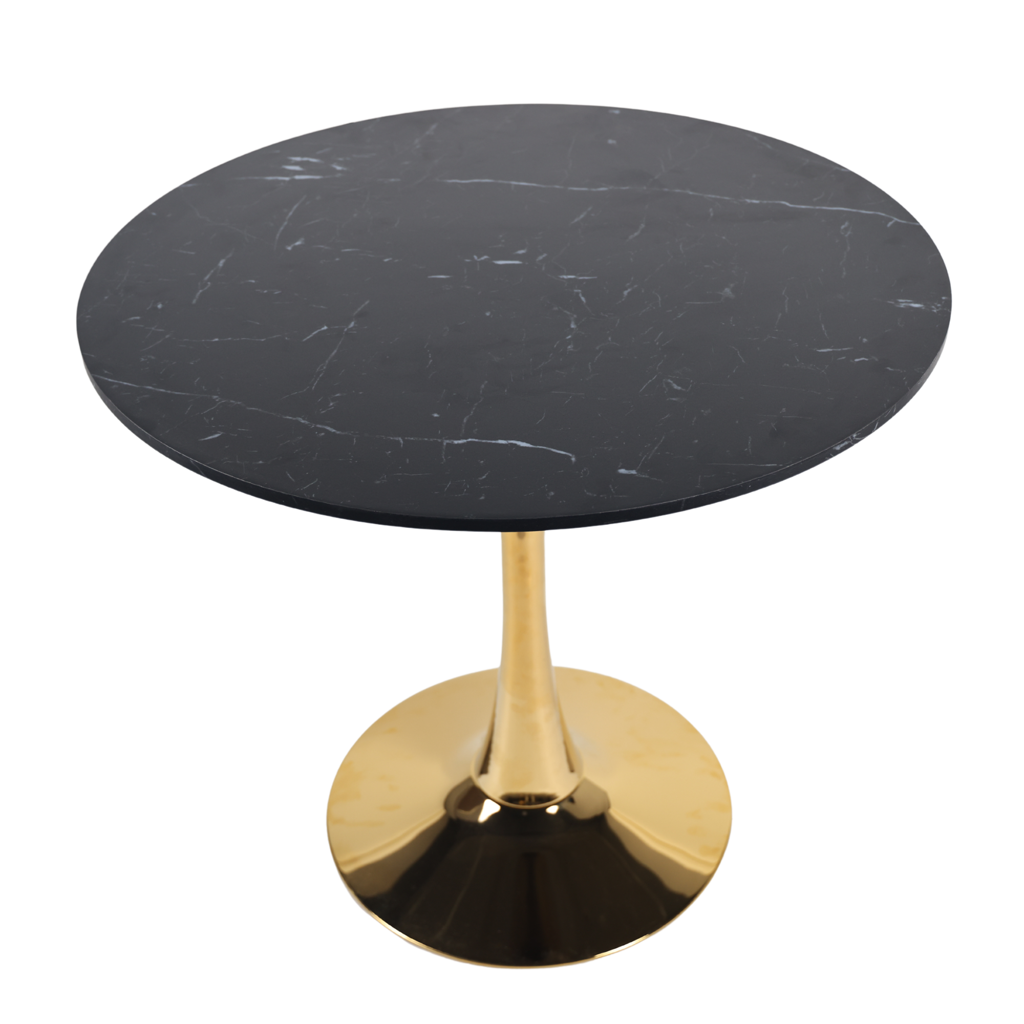 Angled studio view of the round black faux marble table on its gold tulip pedestal