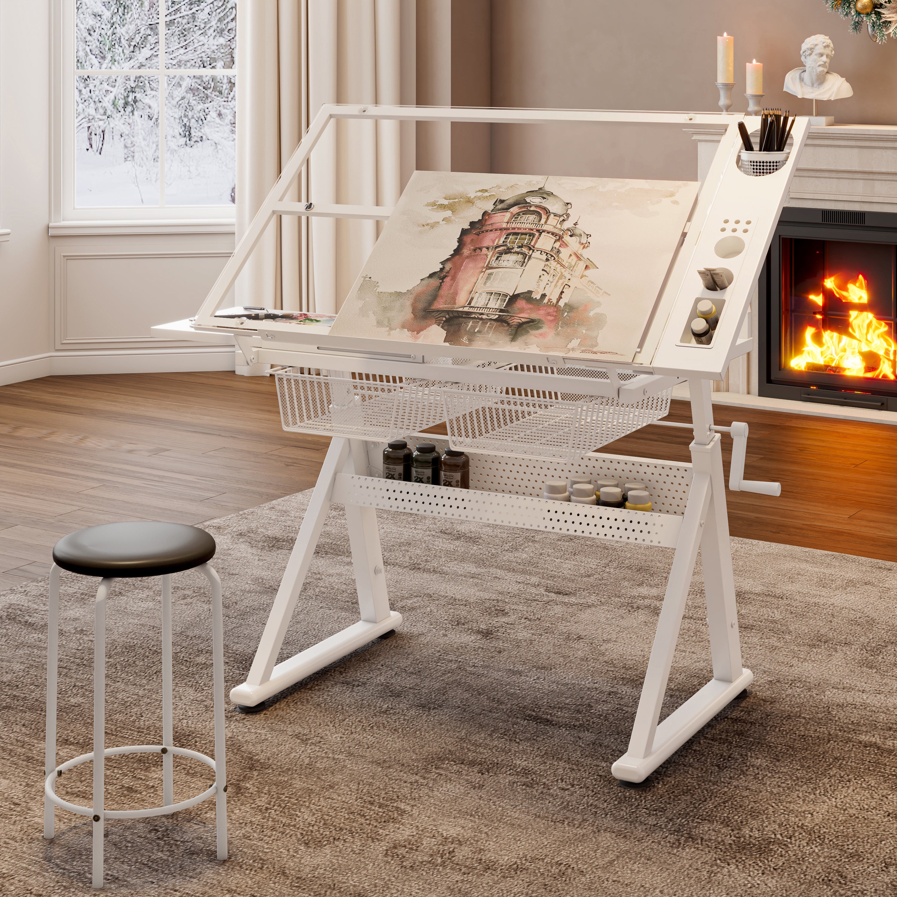 Drafting Table, 40.2 in, White, 37.8 in Tall