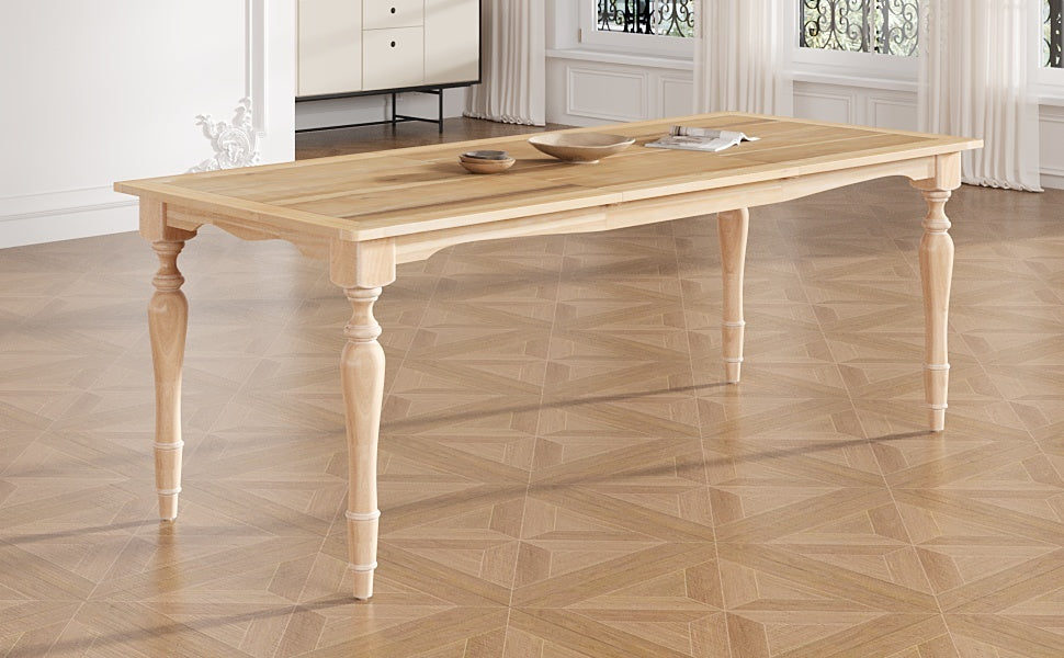Natural rubberwood dining table with turned legs staged in a sunlit paneled dining room