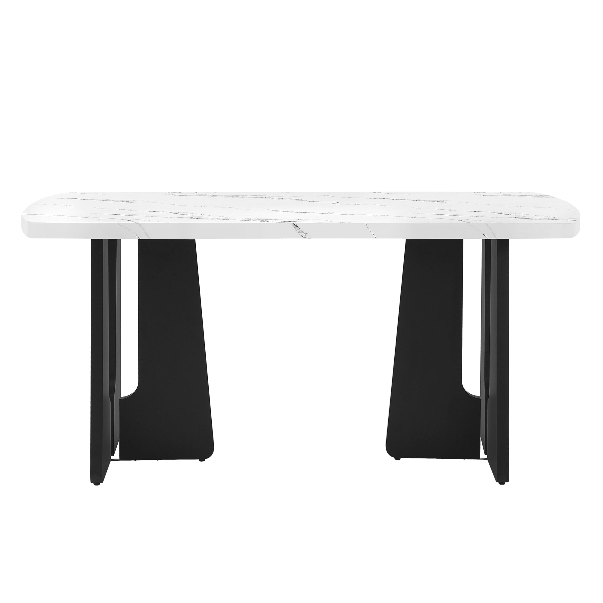 Front elevation of the faux marble dining table with black geometric legs, plain white background