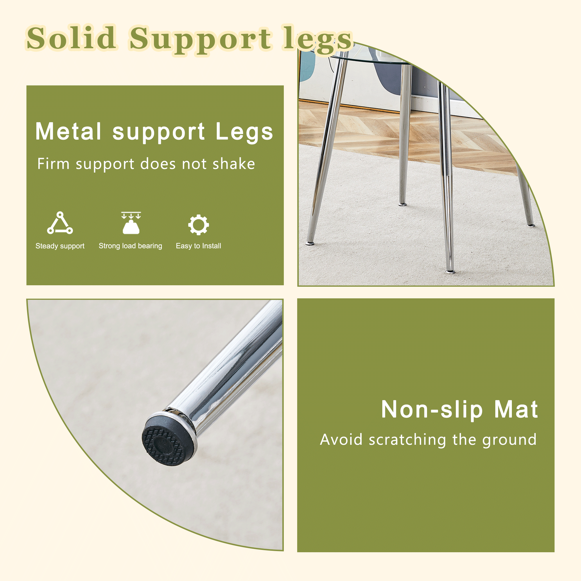 Feature graphic showing the solid metal support legs and non-slip foot pads