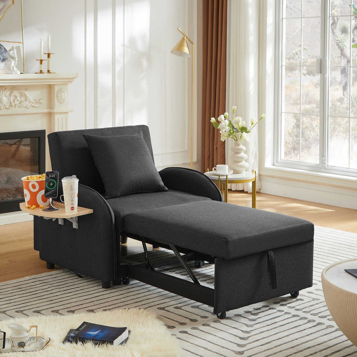 Black Linen Sleeper Chair, Reclining, Foldable Side Table