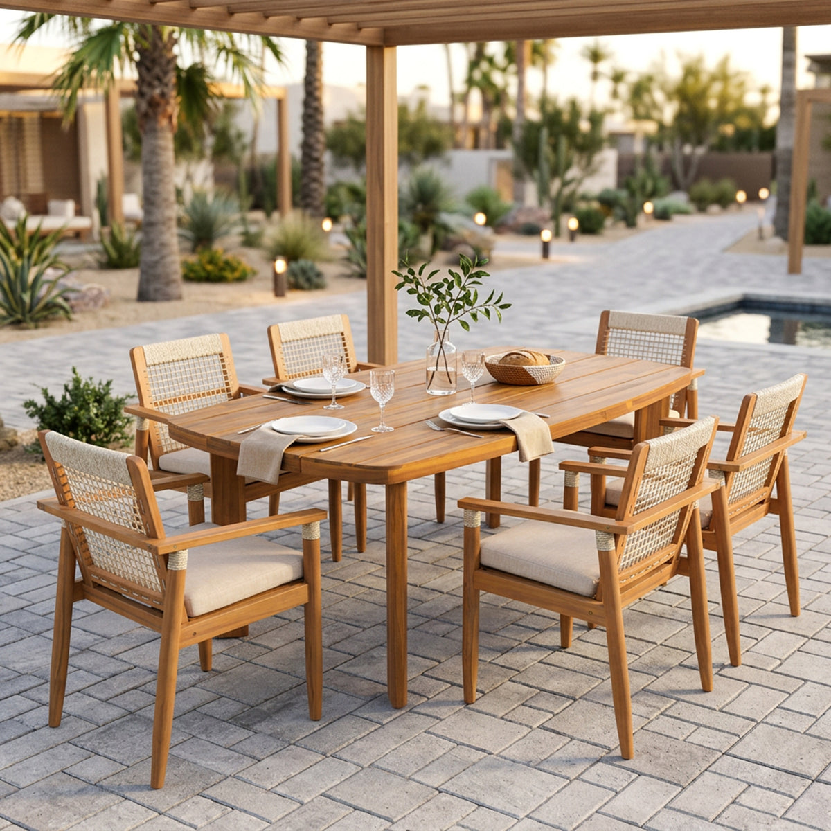 Teak Finish Solid Wood 7-Piece Patio Dining Set for 6, Rope Weave